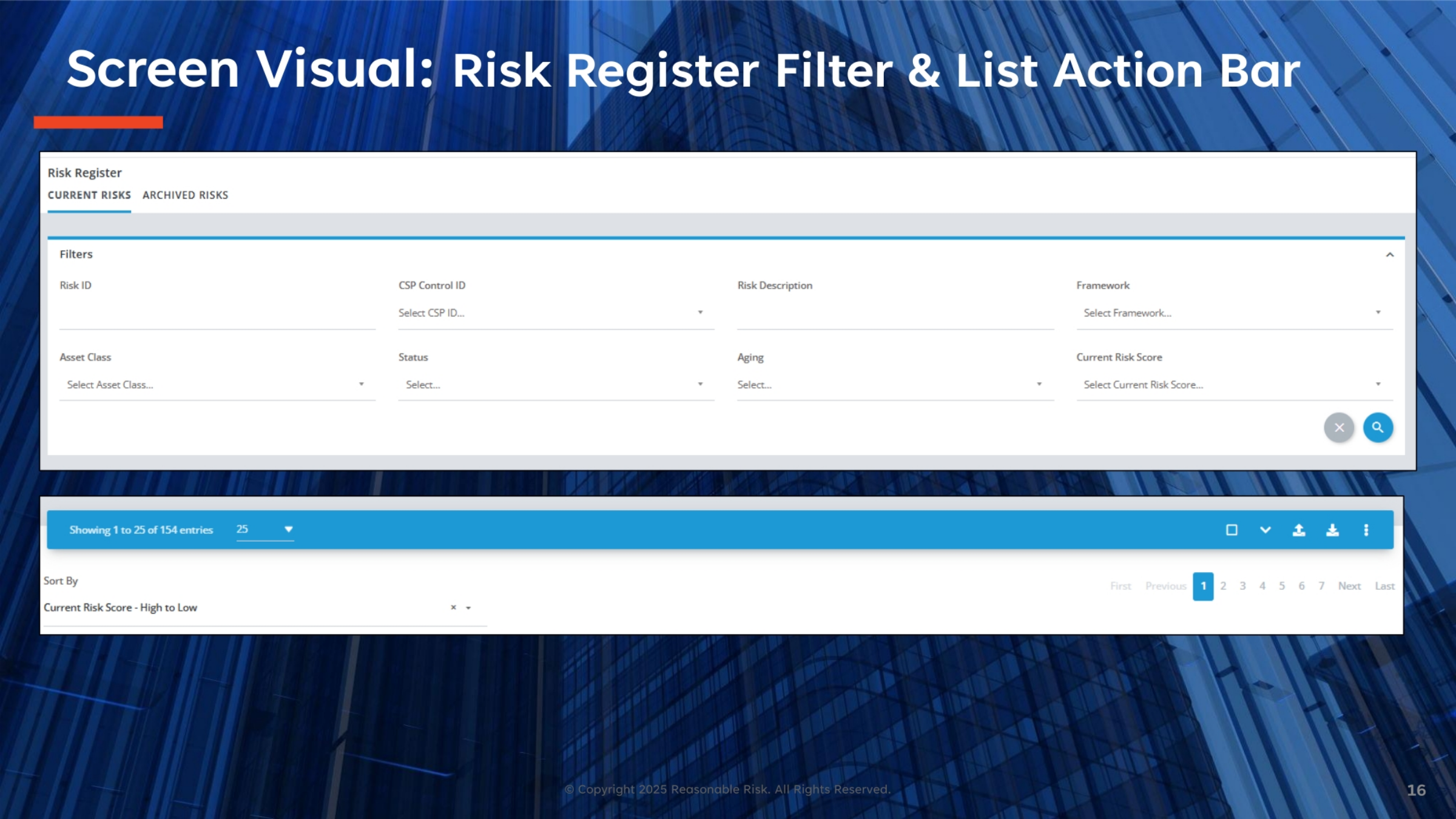 Screen Visual: Risk Register Filter & List Action Bar