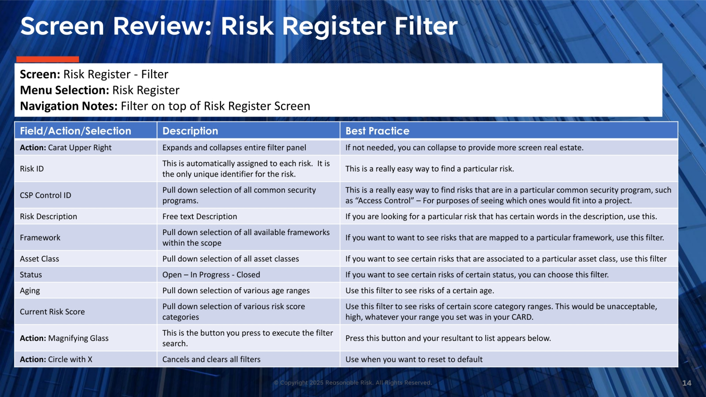Screen Review: Risk Register Filter