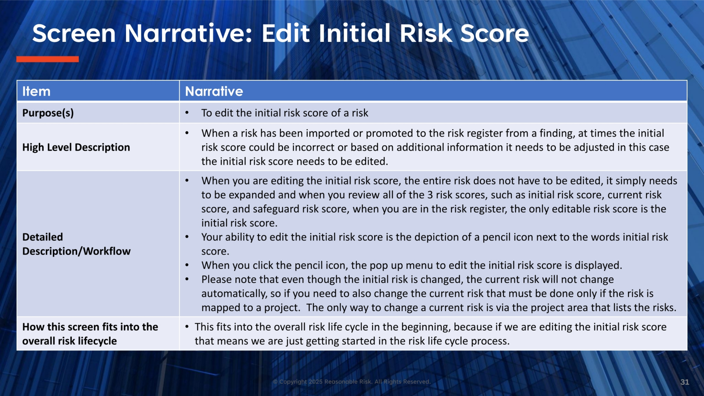 Screen Narrative: Edit Initial Risk Score