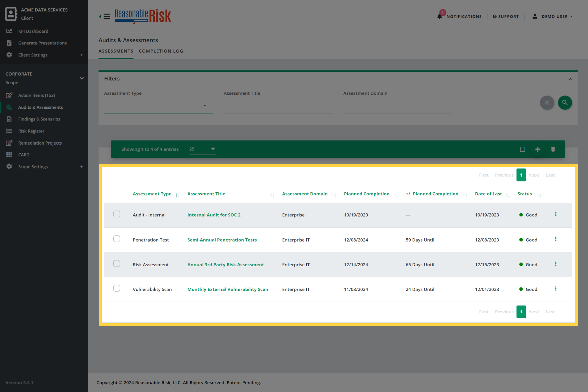 Audits & Assessments list