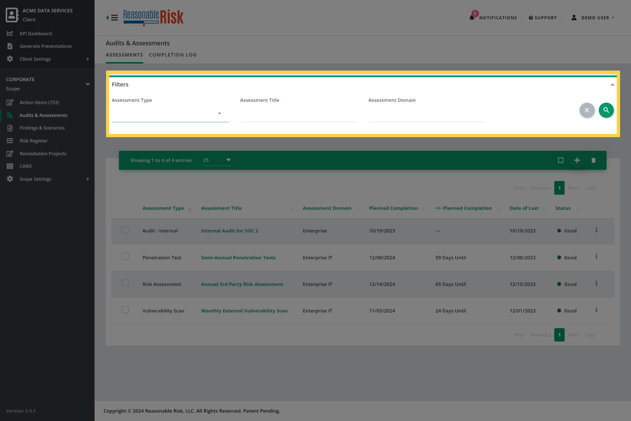 Audits & Assessments filters