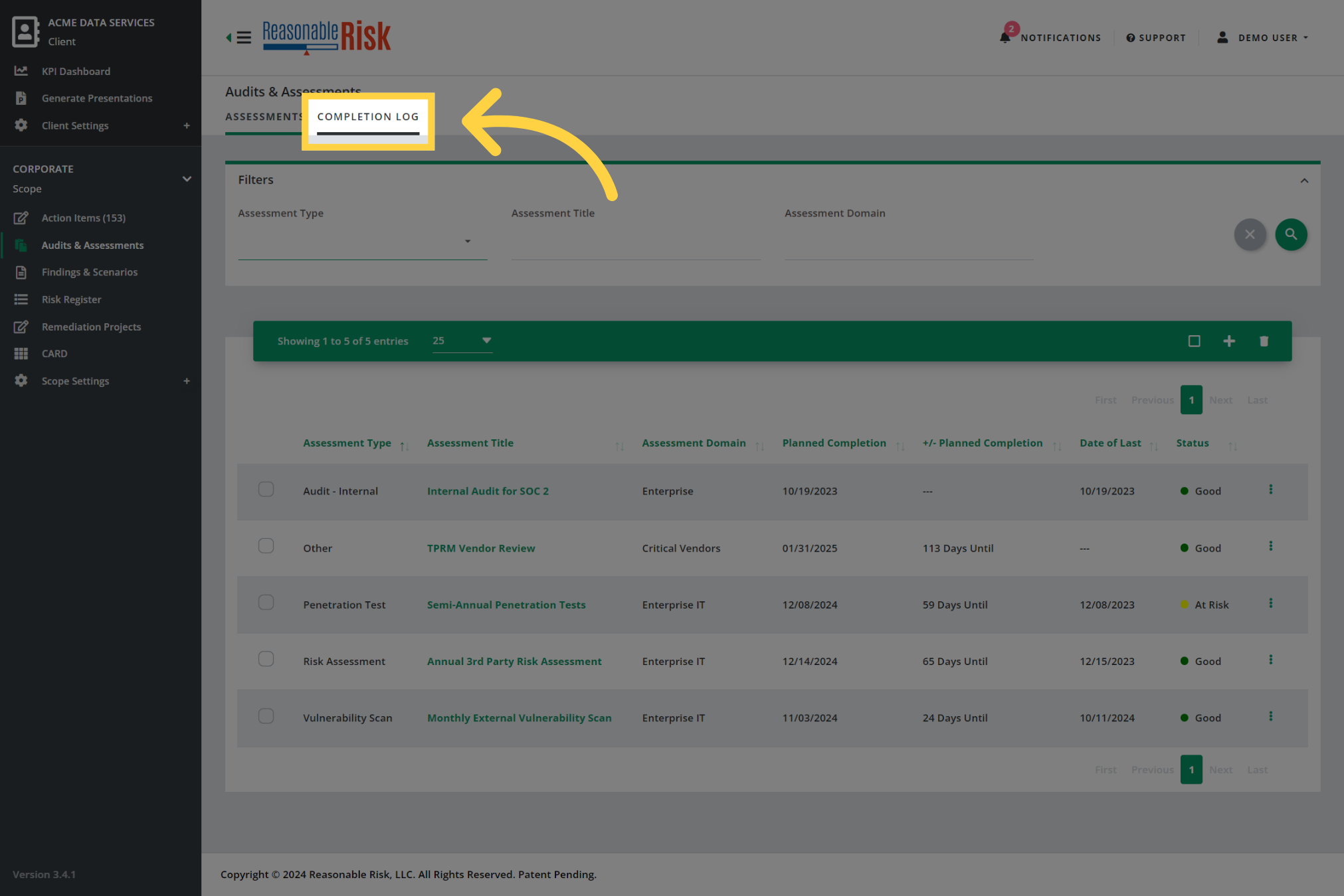 Viewing the 'Completion Log'