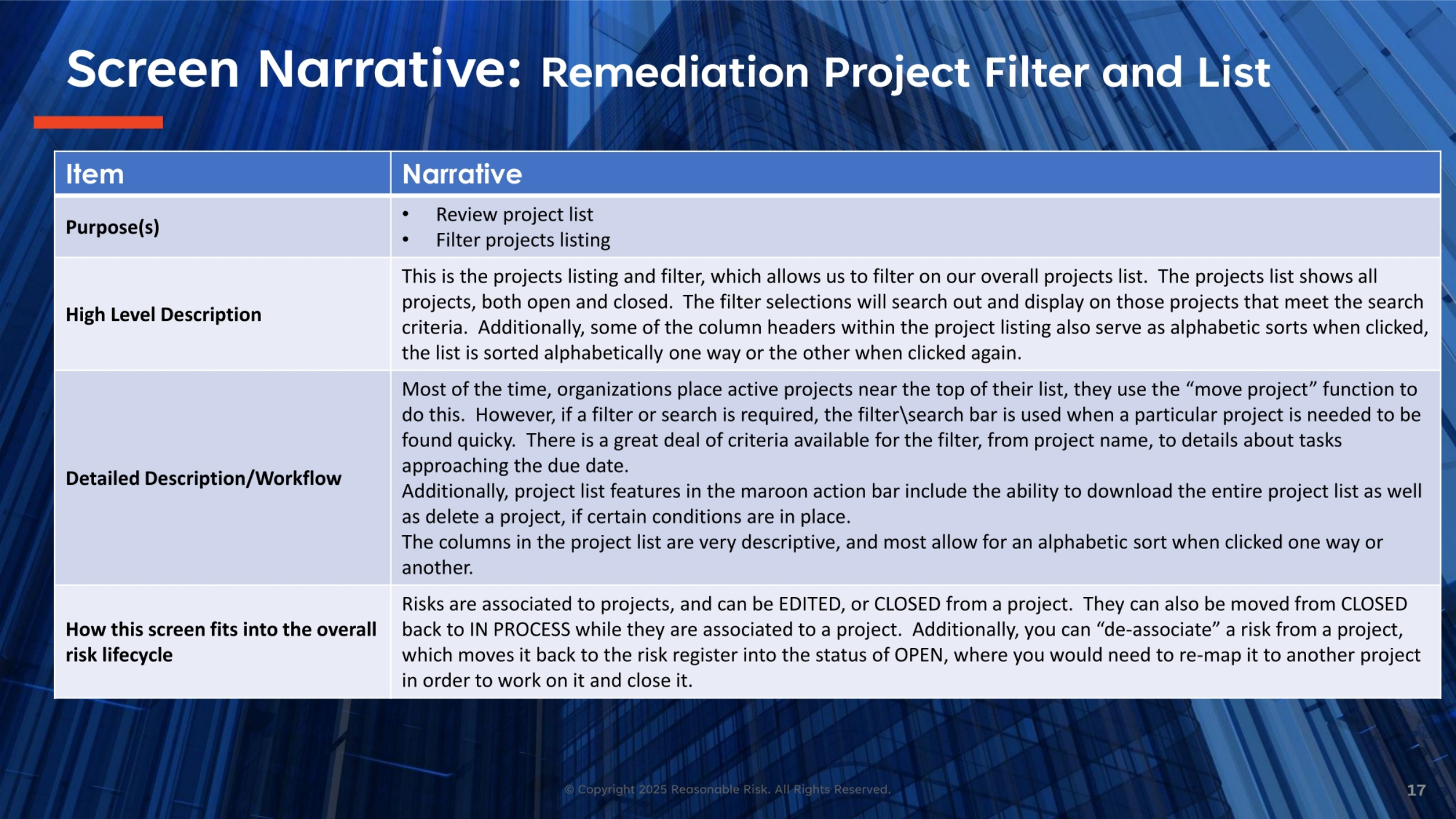 Remediation Project Filter and List Narrative