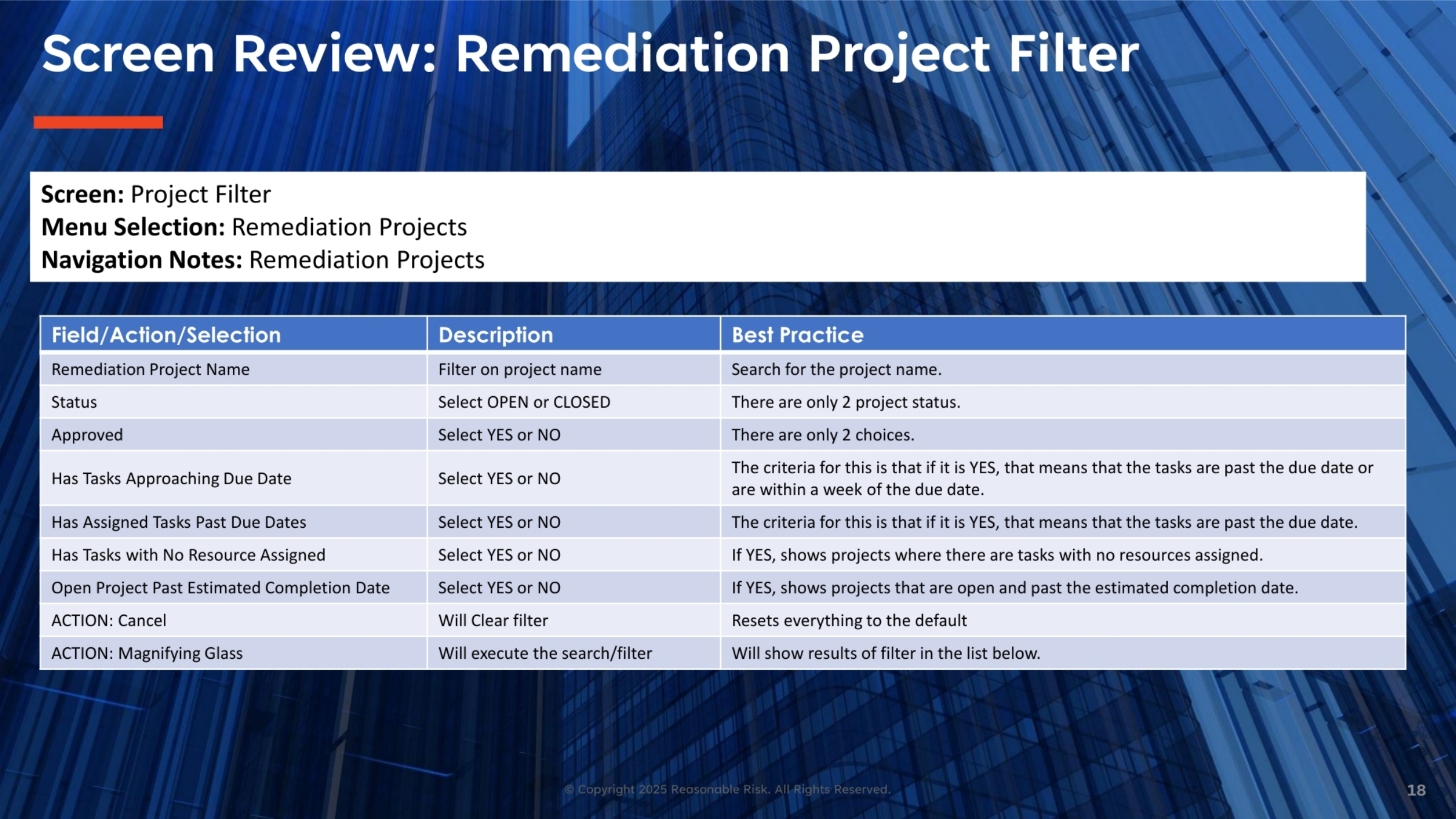 Remediation Project Filter Fields