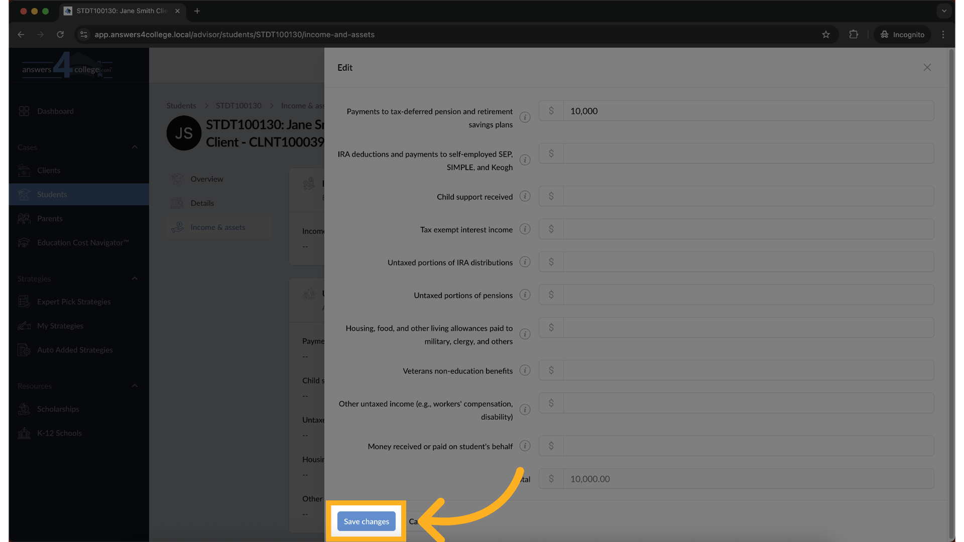 Save Income & Asset Changes