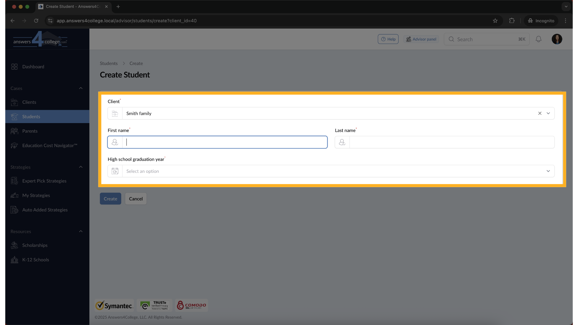 Fill in Student Details