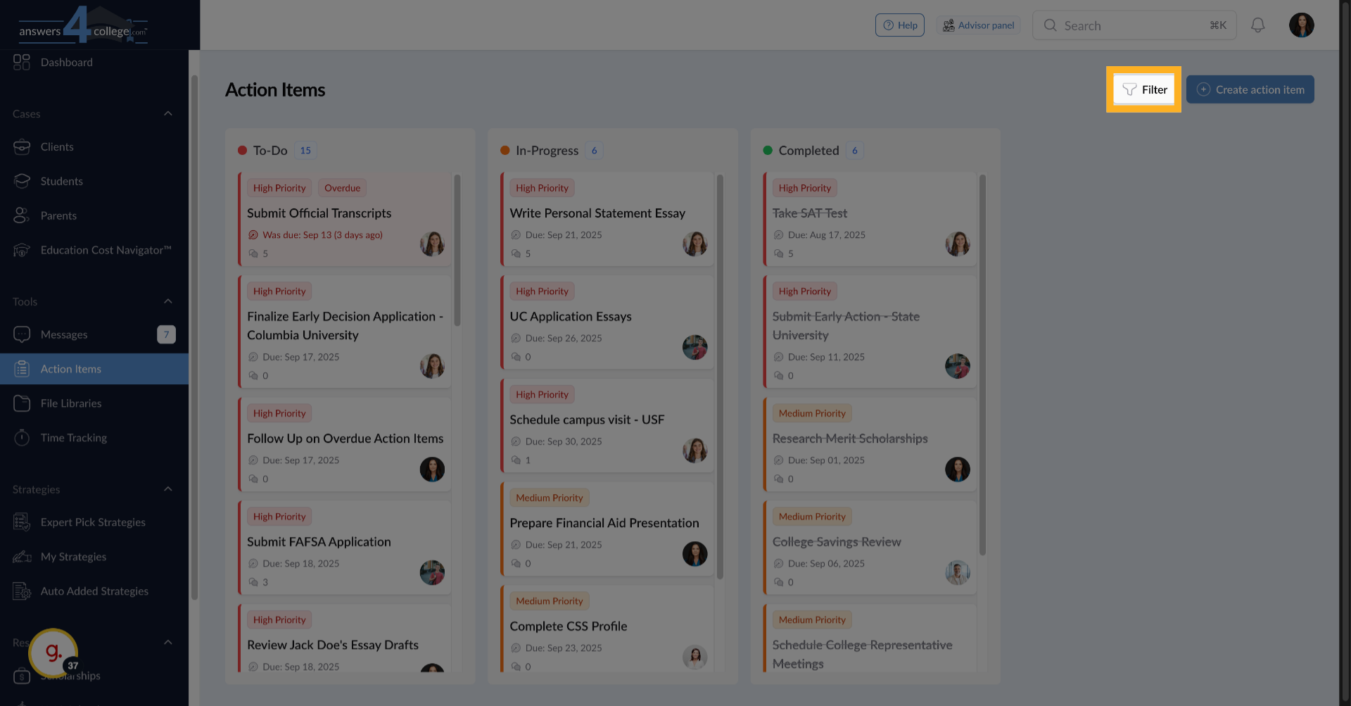 Filtering action items