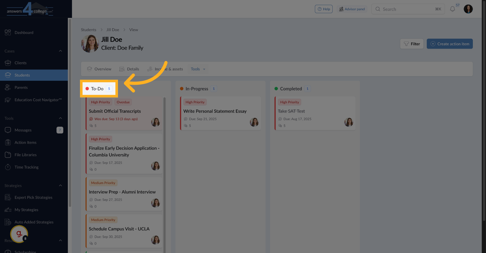 Viewing the Student's Task Board