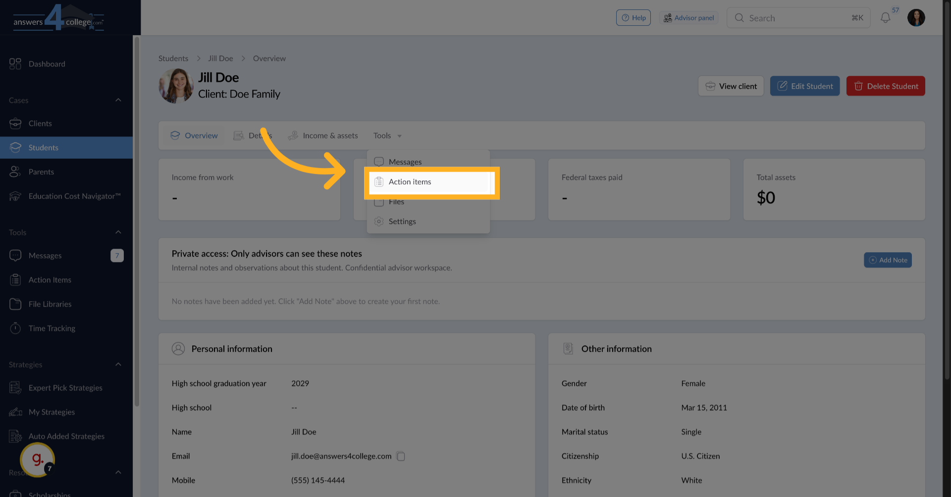 Click on Action Items