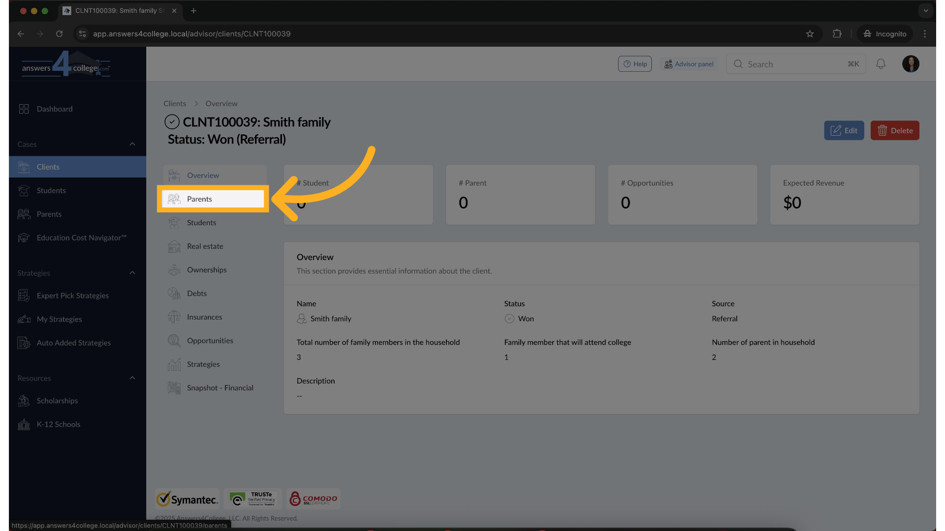 Open the Parents Section