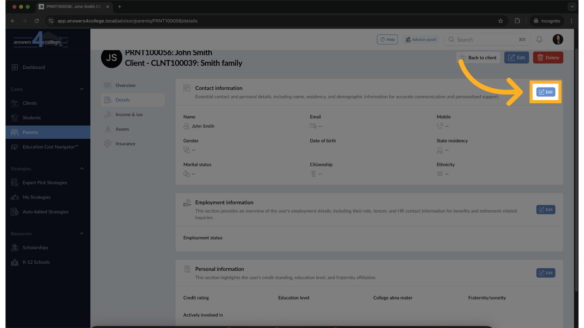 Click “Edit” to Update Parent Information