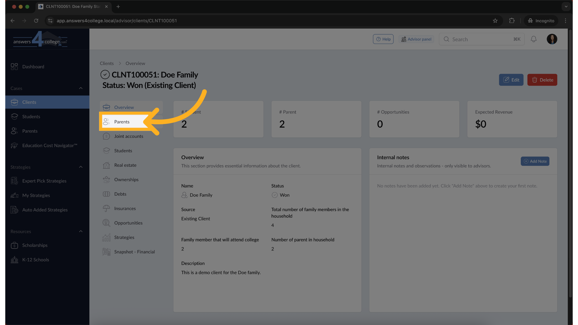 Navigating to Parent Accounts