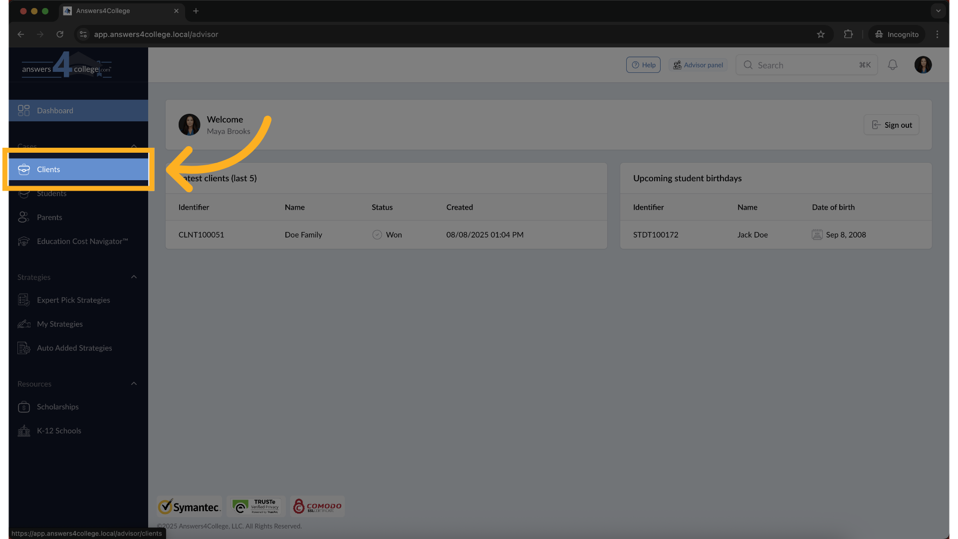 Navigating to the Clients Section
