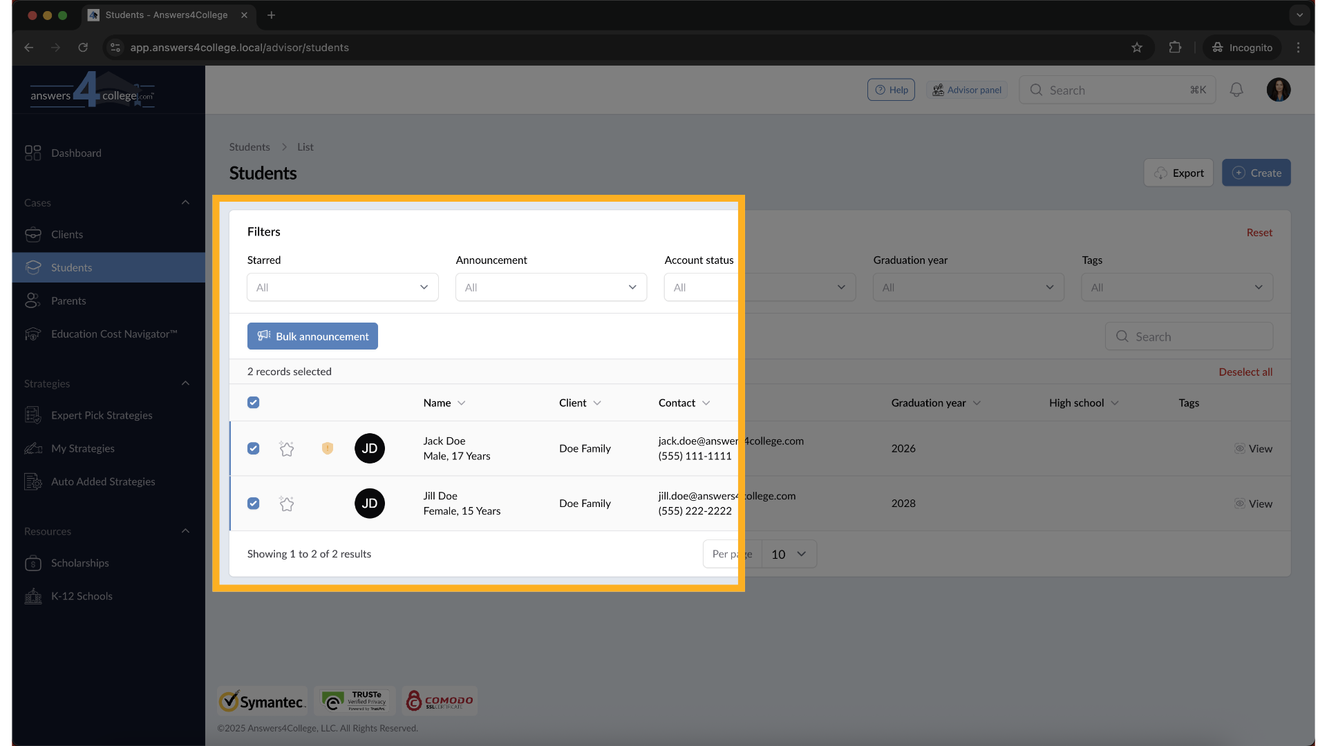 Multiple Students Selected