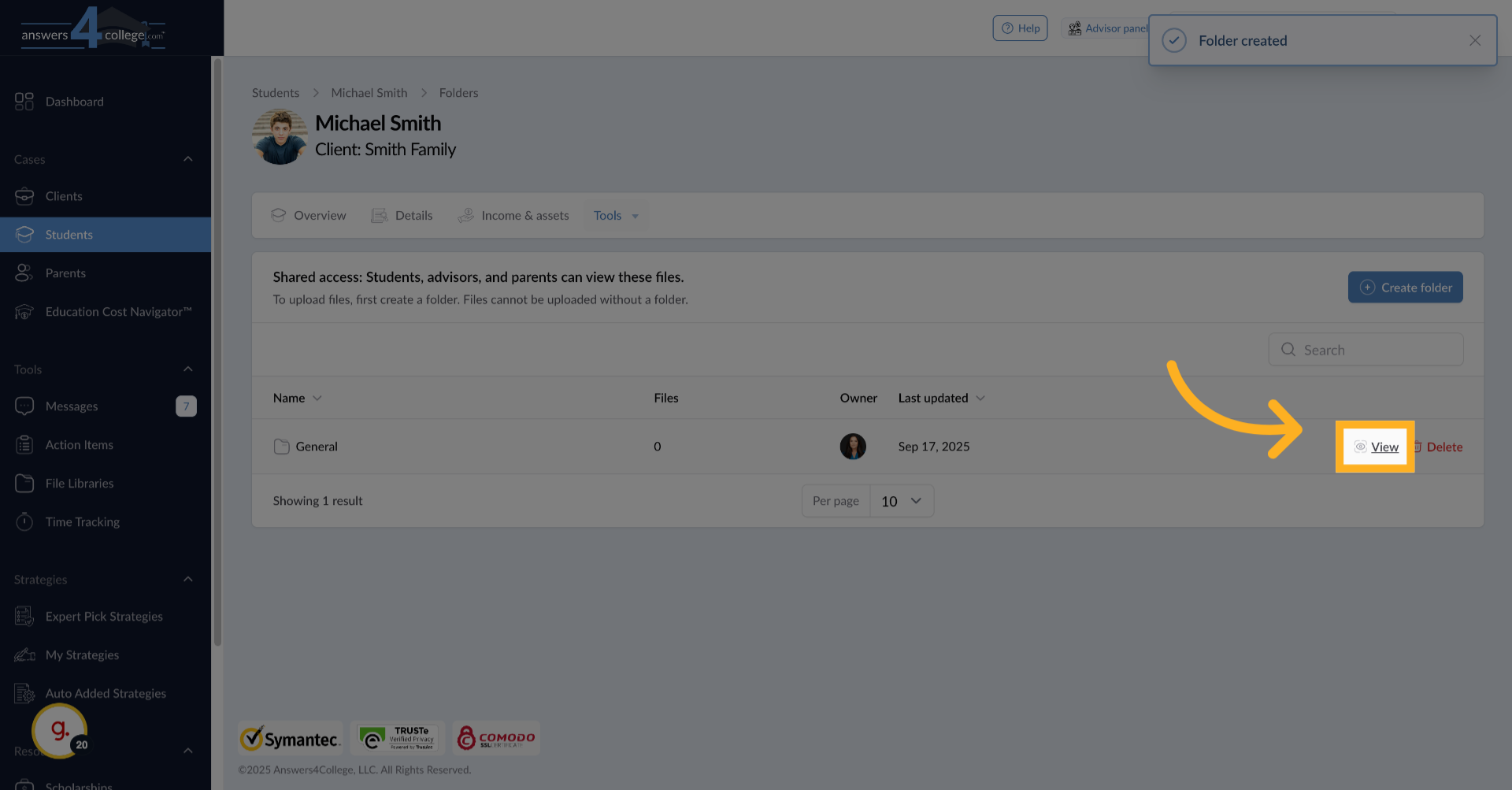Opening the Student's Folder