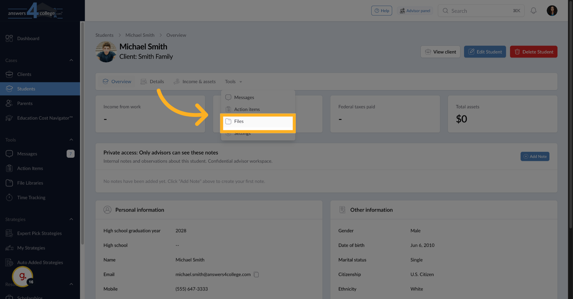 Accessing the Student's Files Section