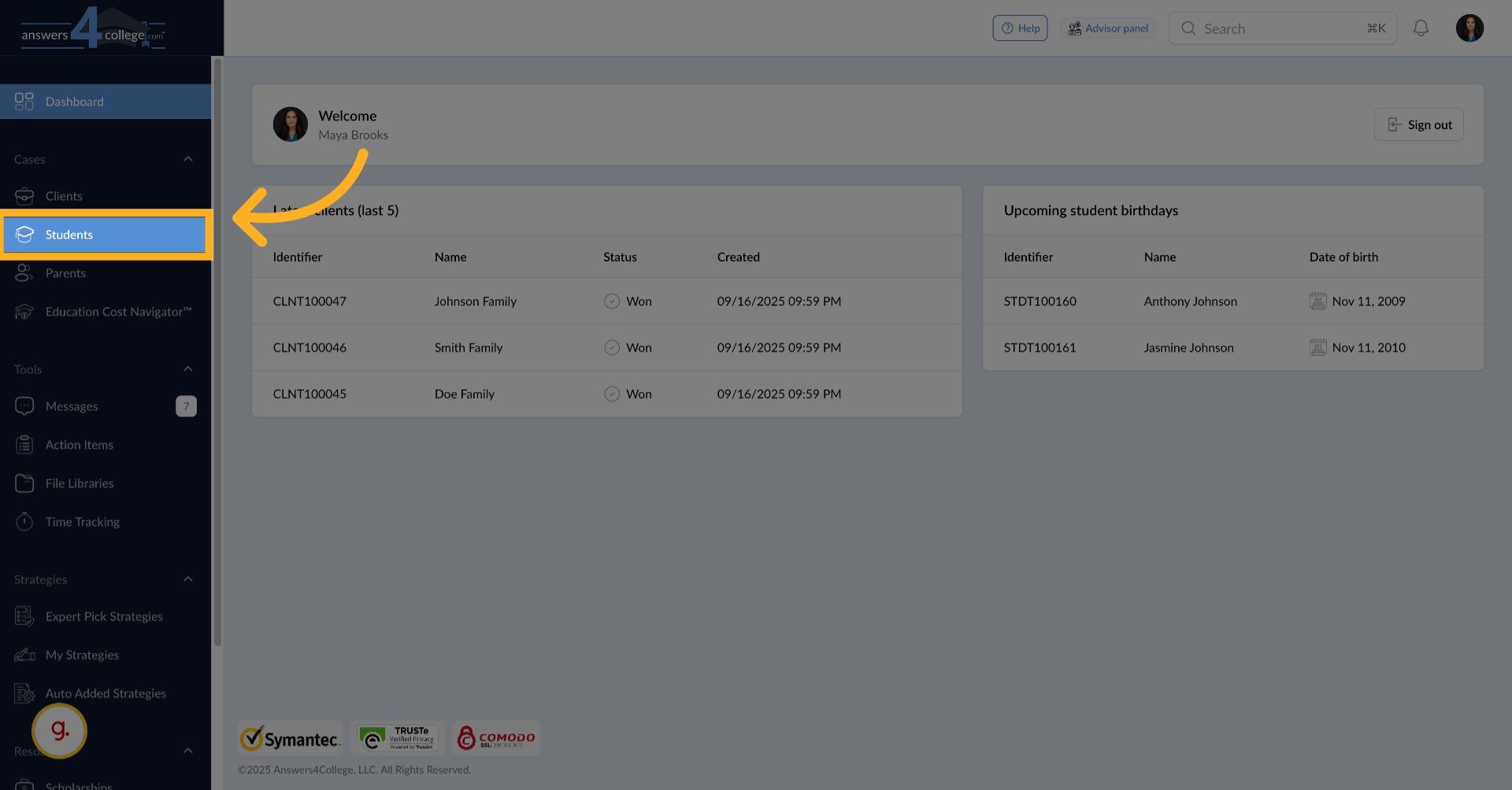 Navigating to Students