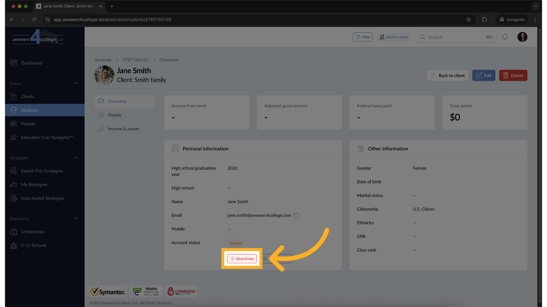 Deactivate a Student Account