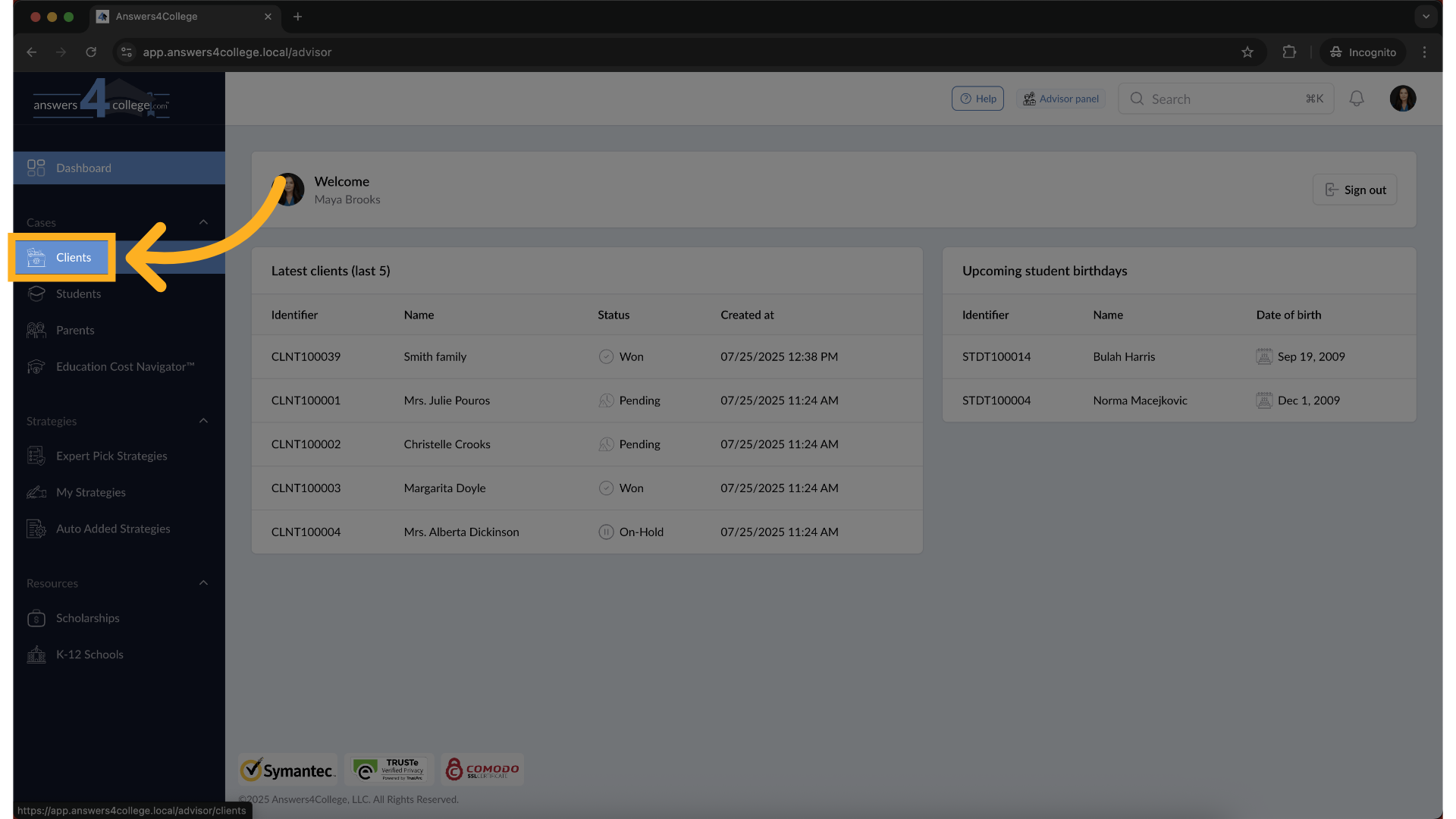 Open the Clients Menu