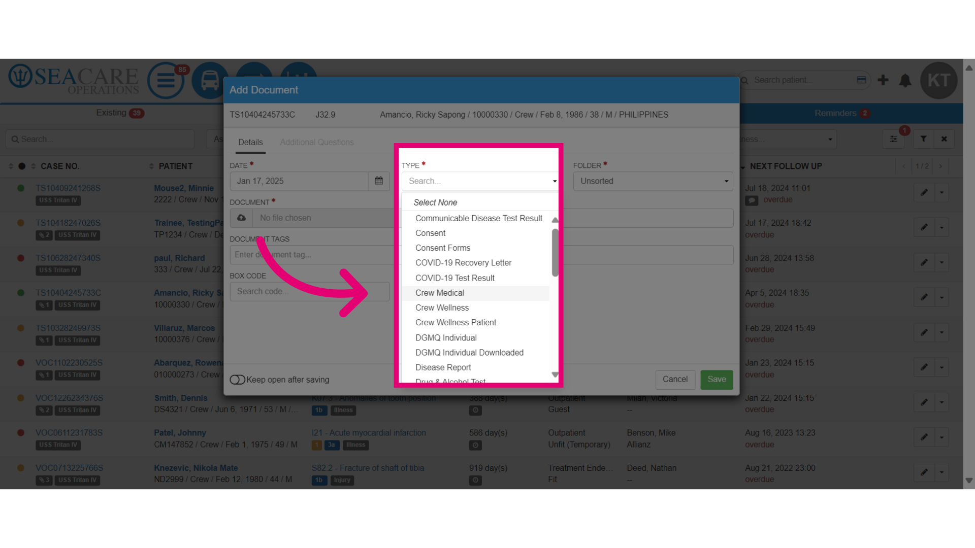 Select the 'Document Type' from the list