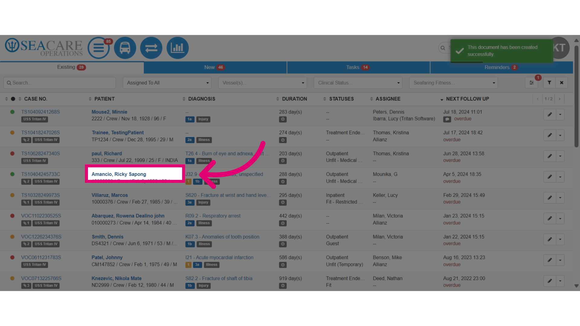 Click on the patient's name to check the document in the patient chart
