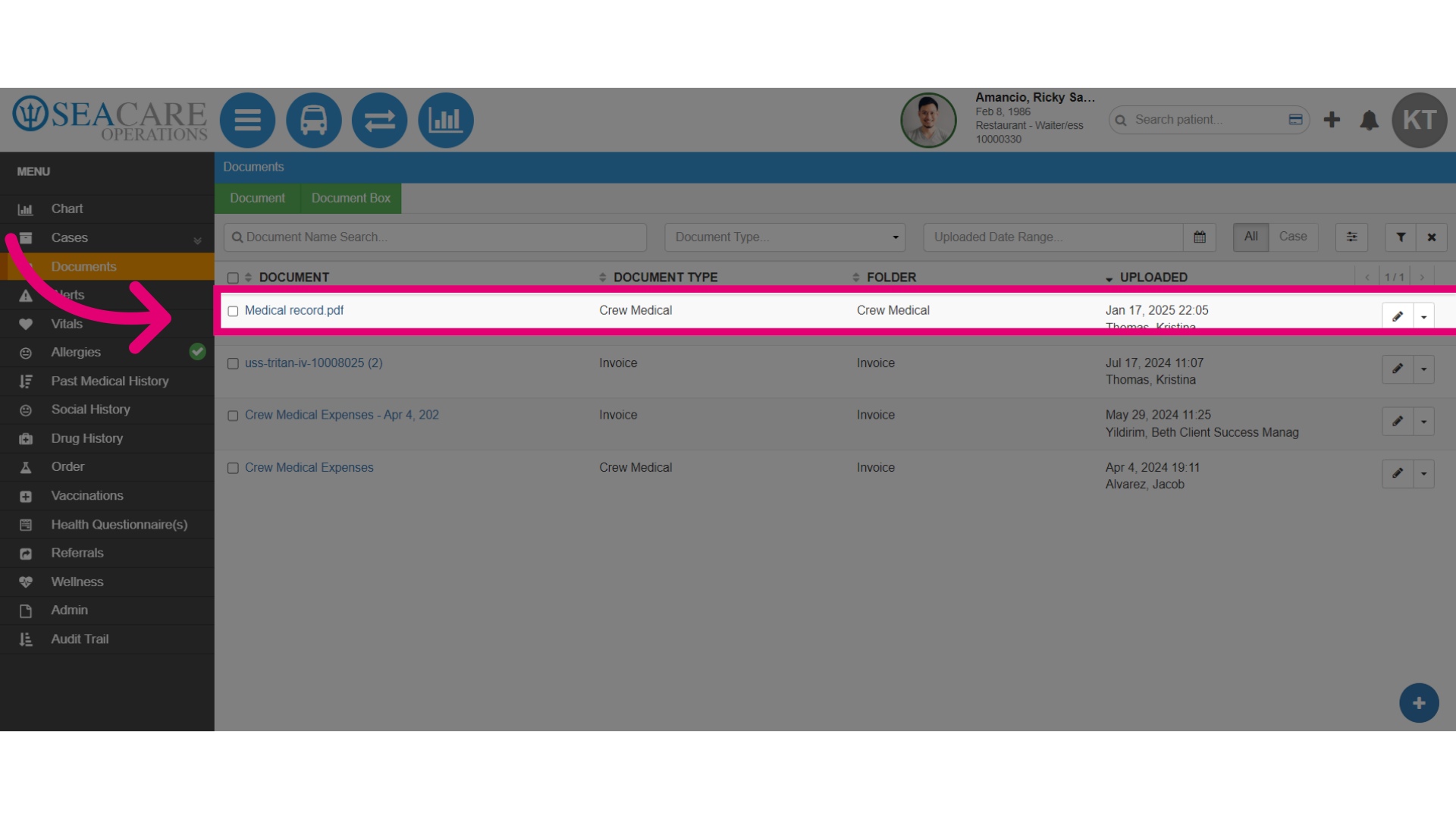 Confirm the document in the list
