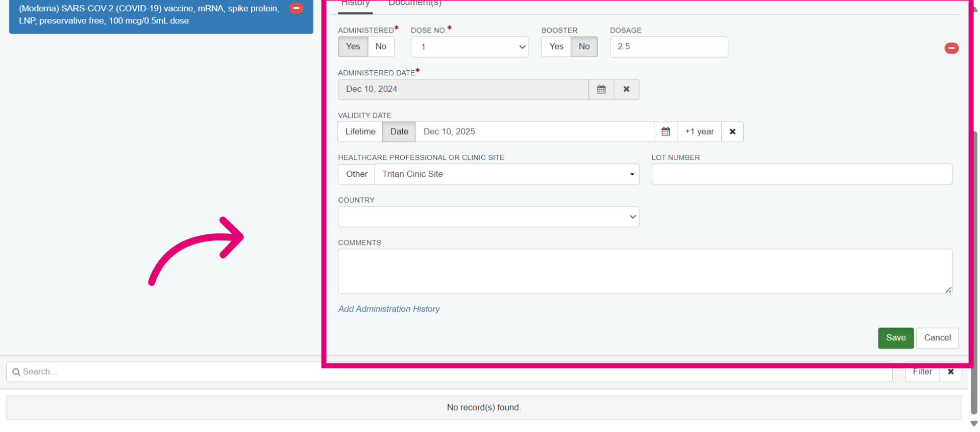 Edit existing vaccination history records