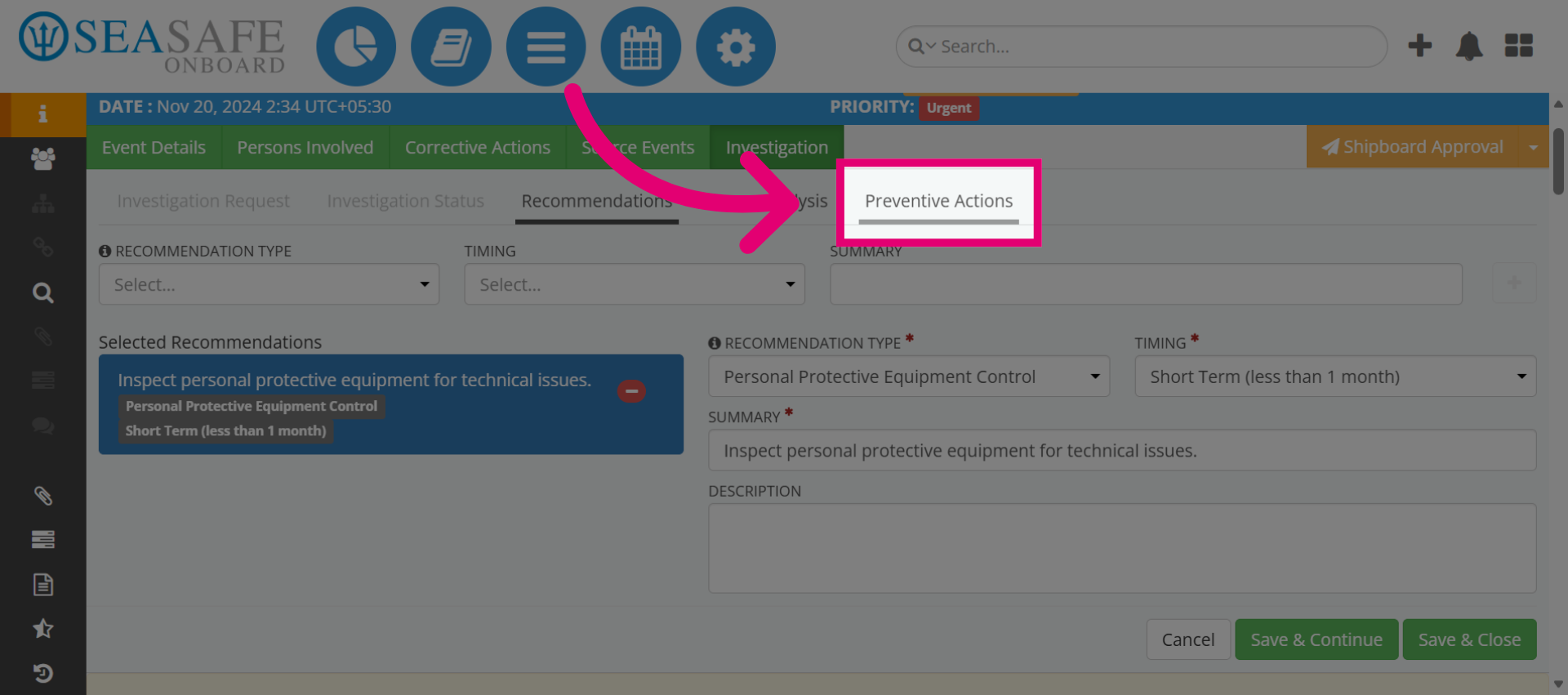 Open Preventive Actions Section