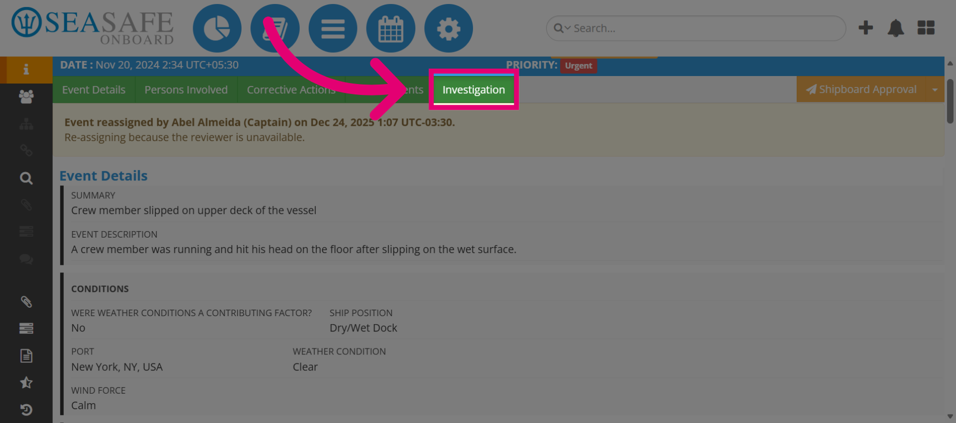 Navigate to Investigation Tab