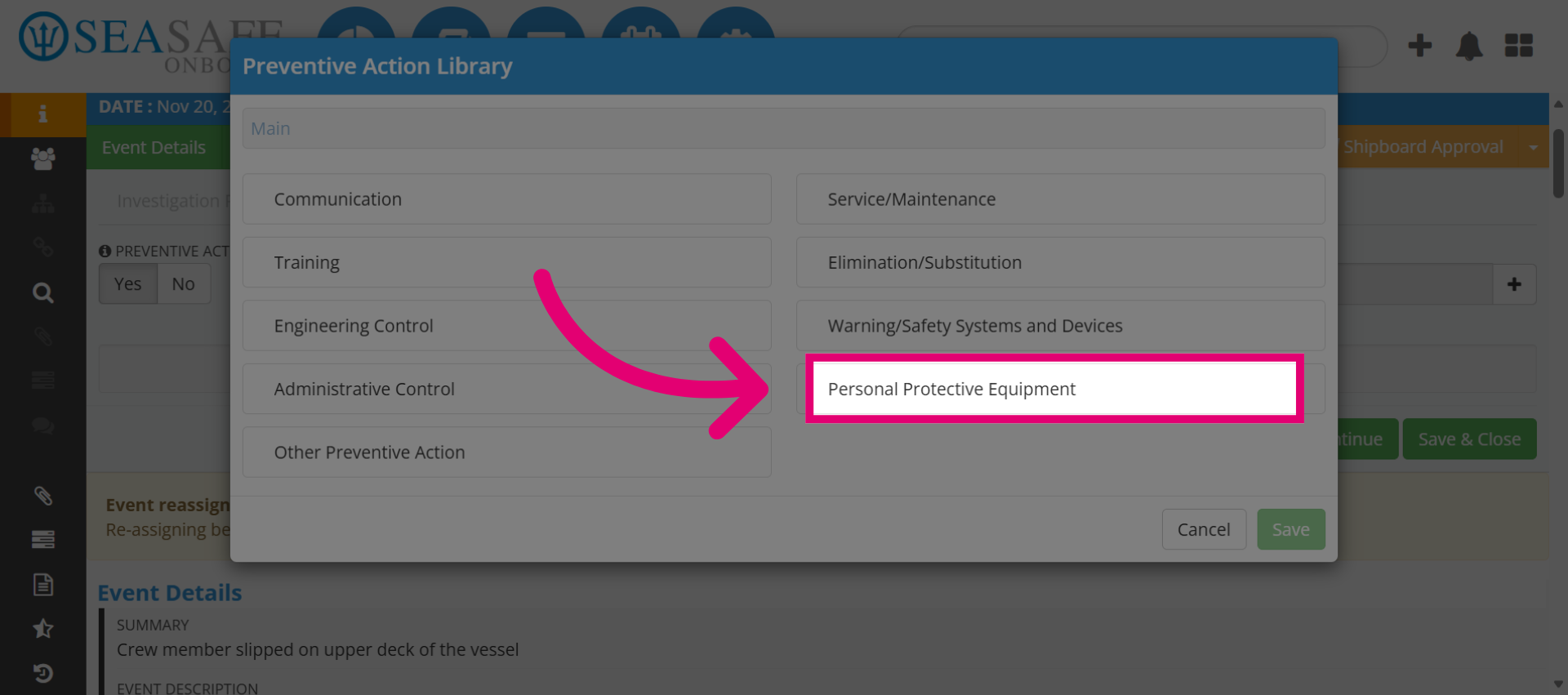 Select from the Preventive Actions Library
