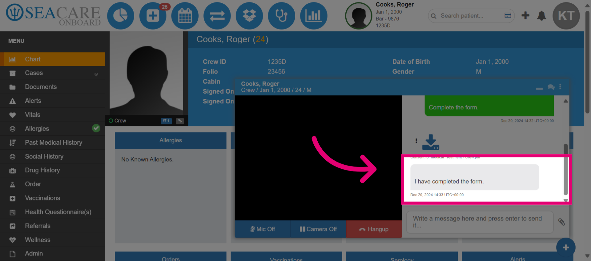 The medical team member can view the patient's messages