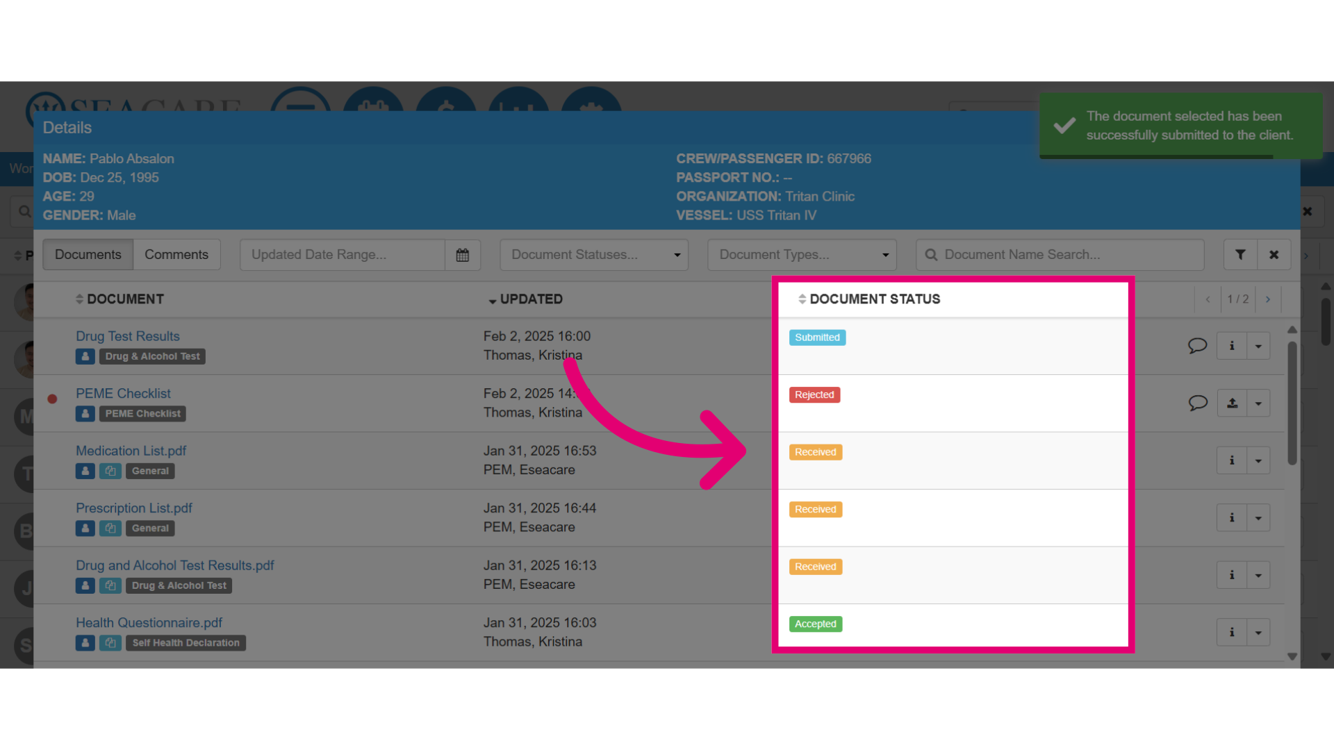 Track the updates through 'Document Status'