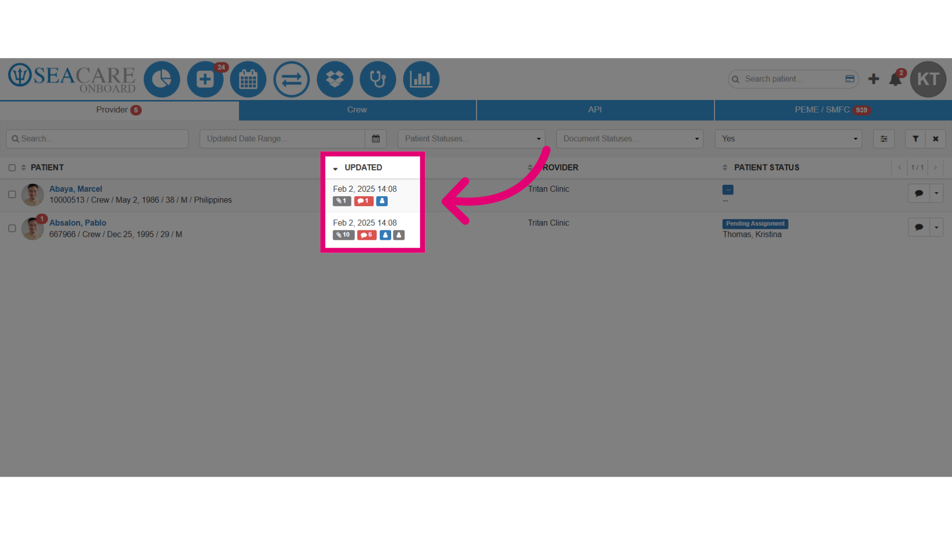 View new red comment icon in 'Updated' column