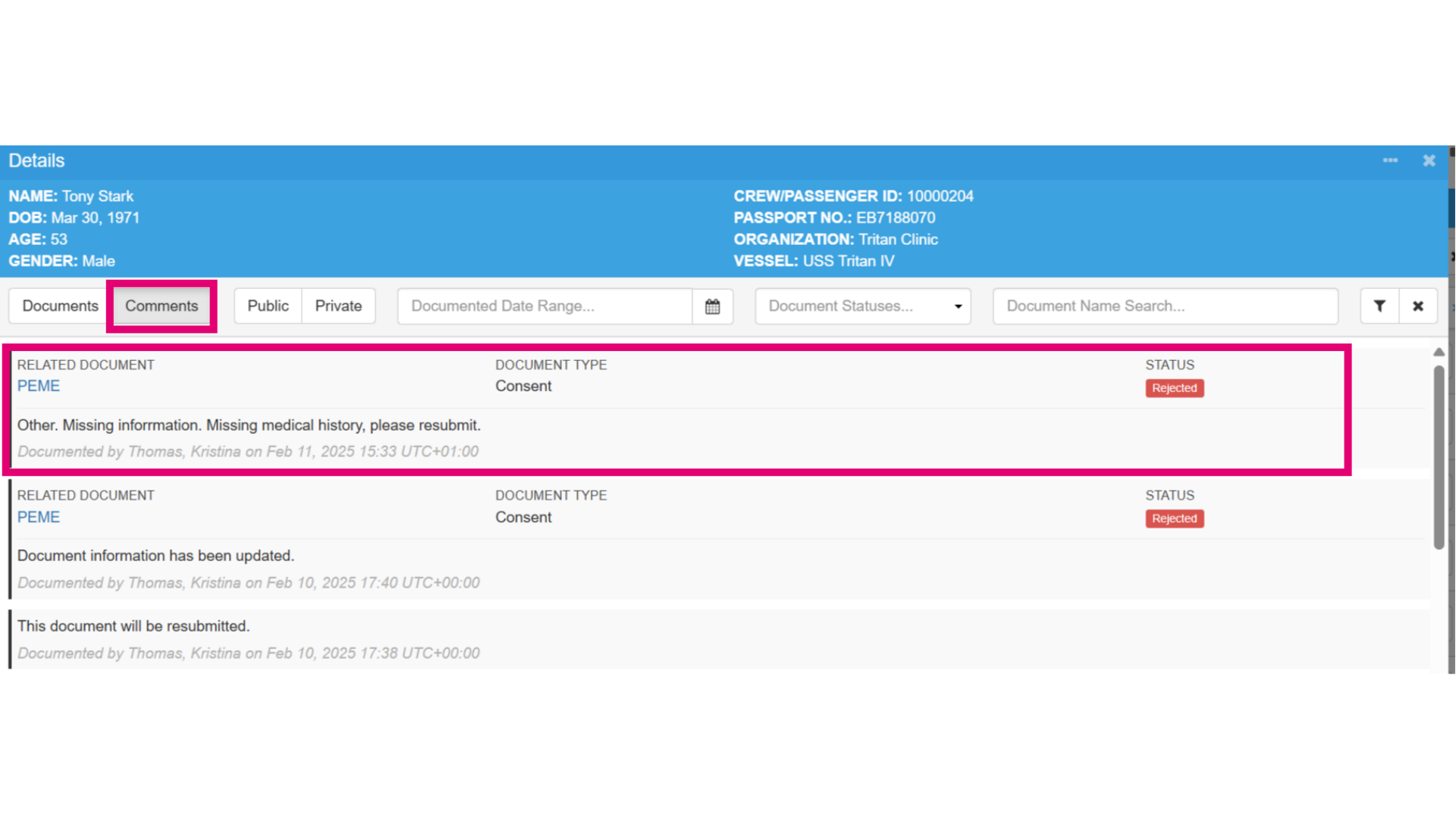 View any comments related to the document