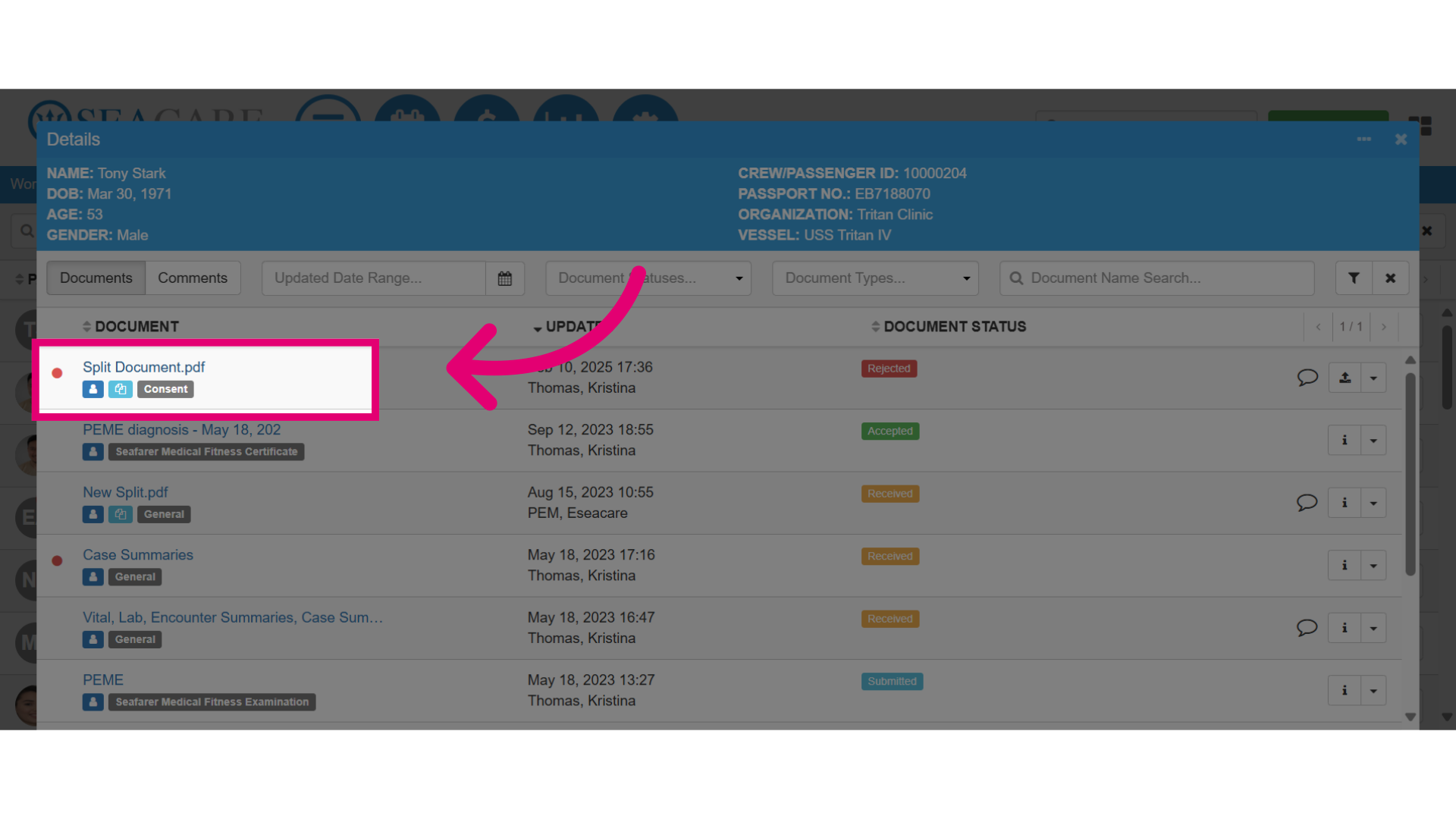 Select the document link to resubmit the document