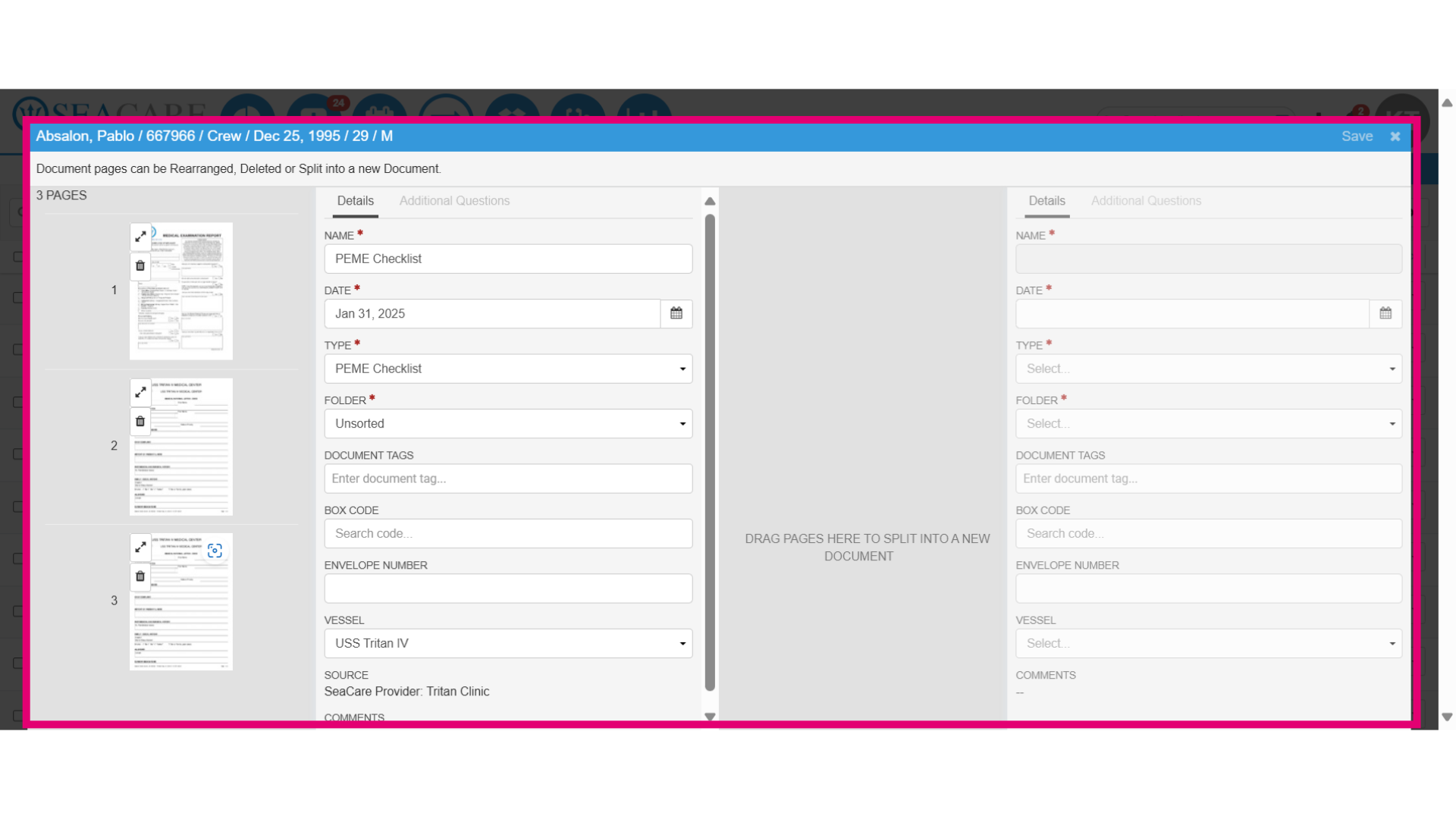 View document splitting editing window