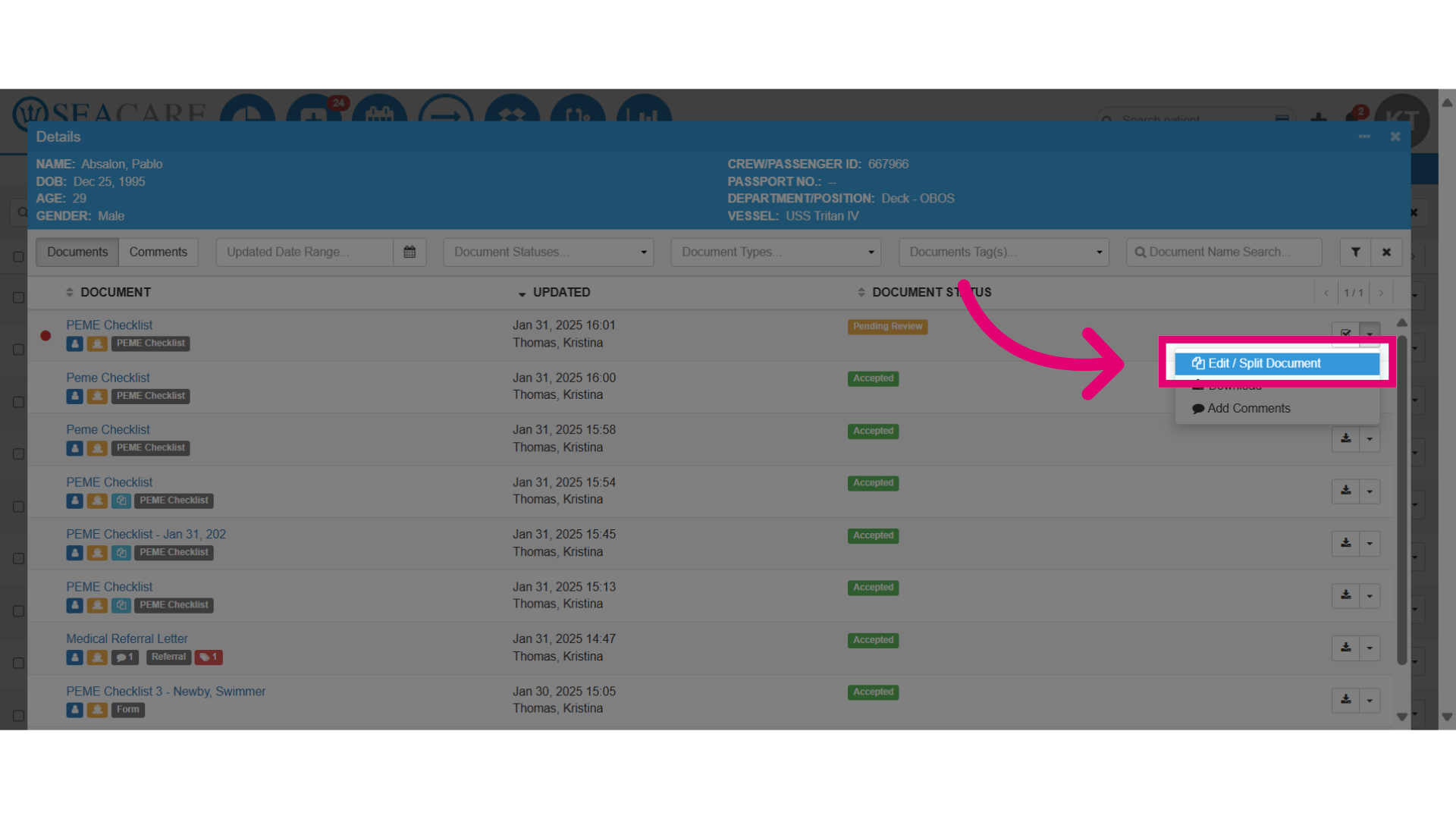 Select 'Edit / Split Document'