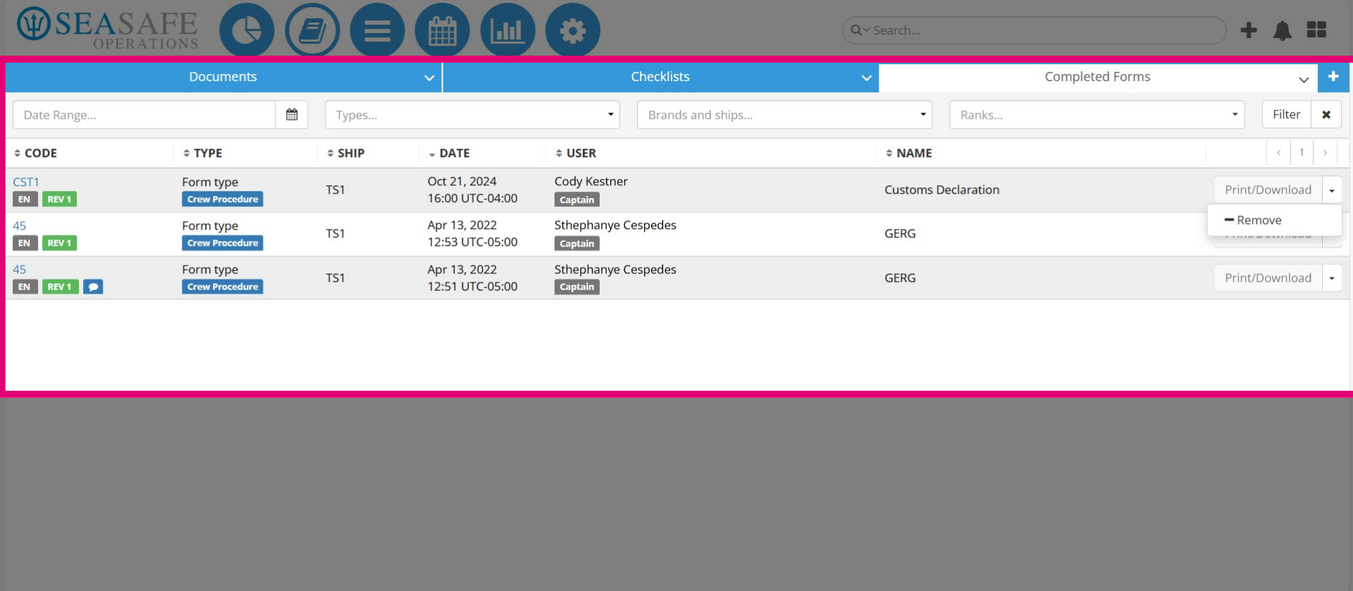'Completed Forms' tab