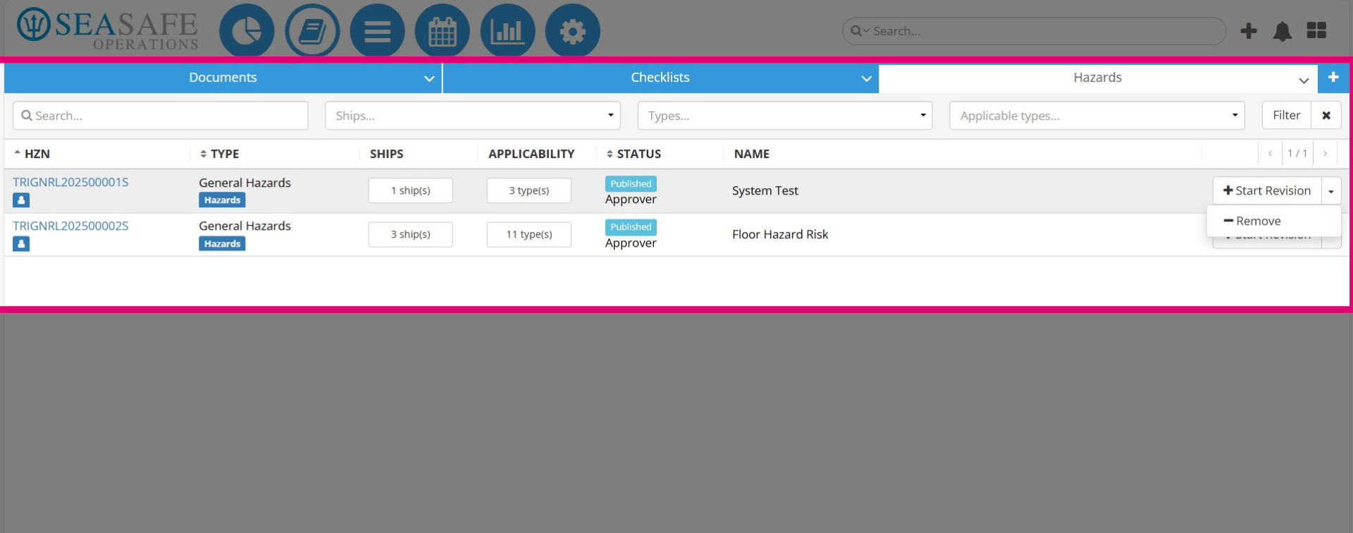 'Hazards' documents tab