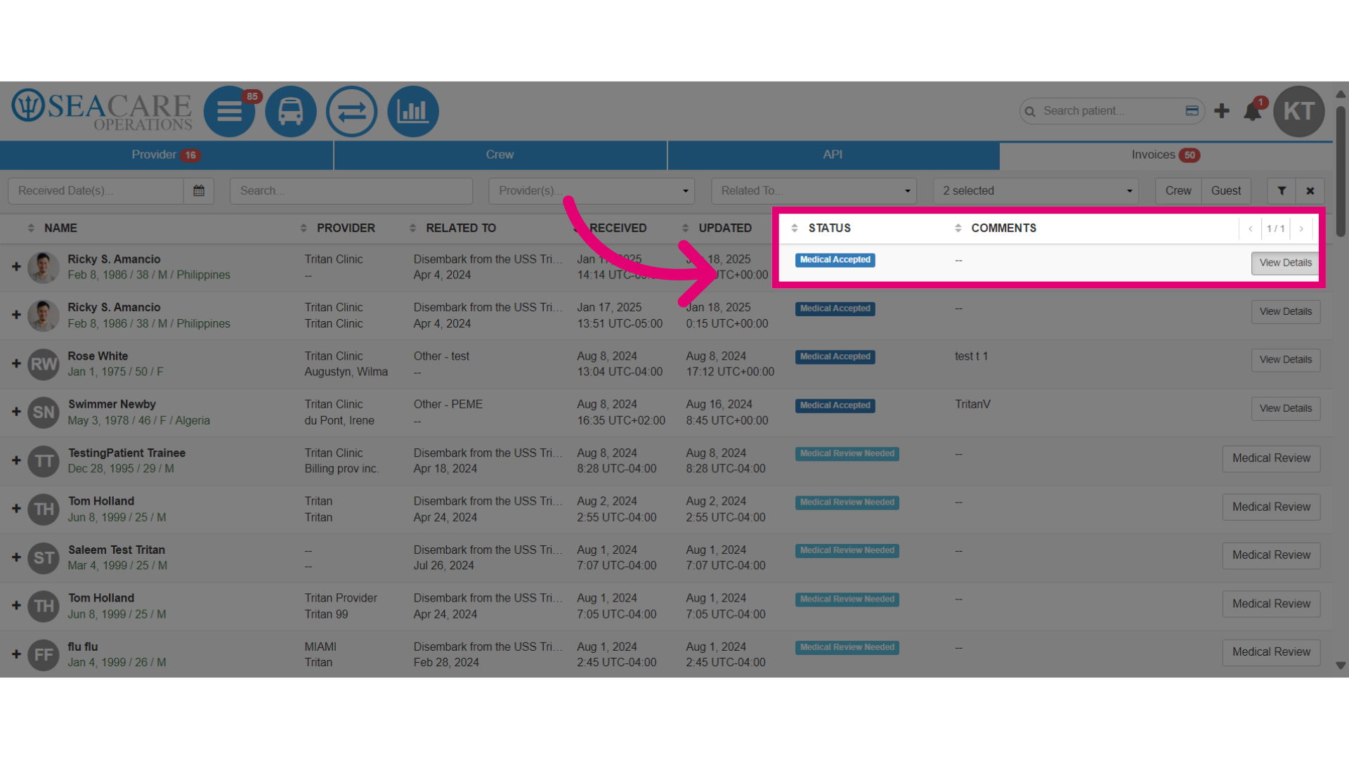 View the updated status for 'Medical Accepted'