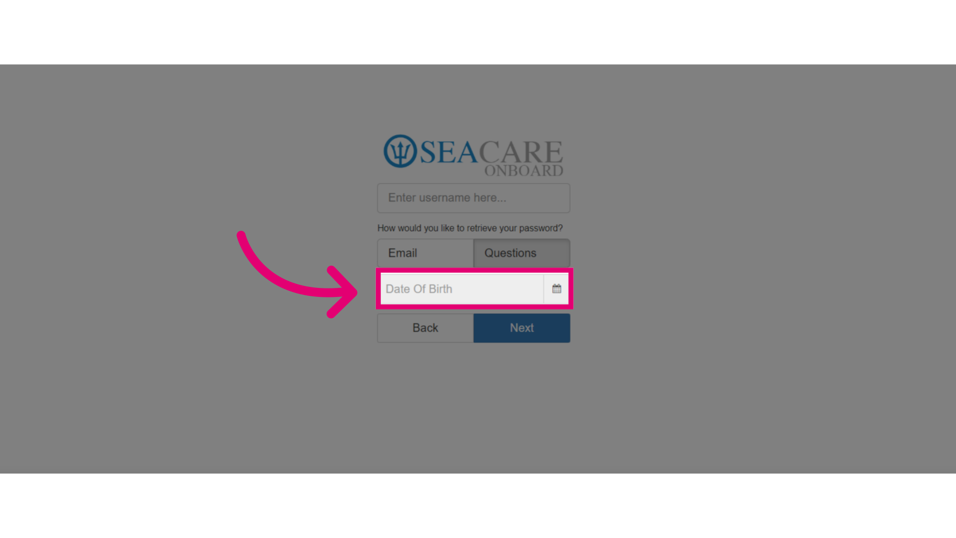 Enter date of birth for the Security Question option