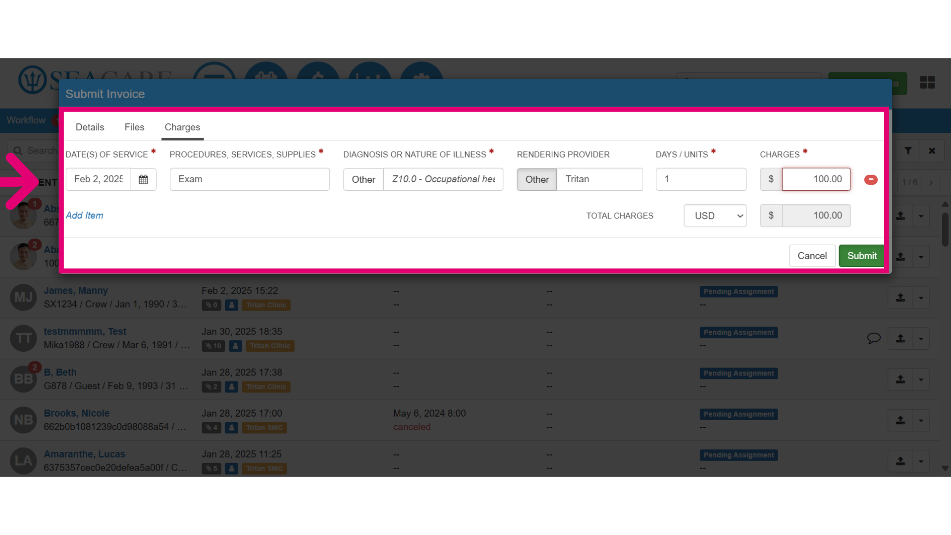 Select the 'Charges' tab and enter the details