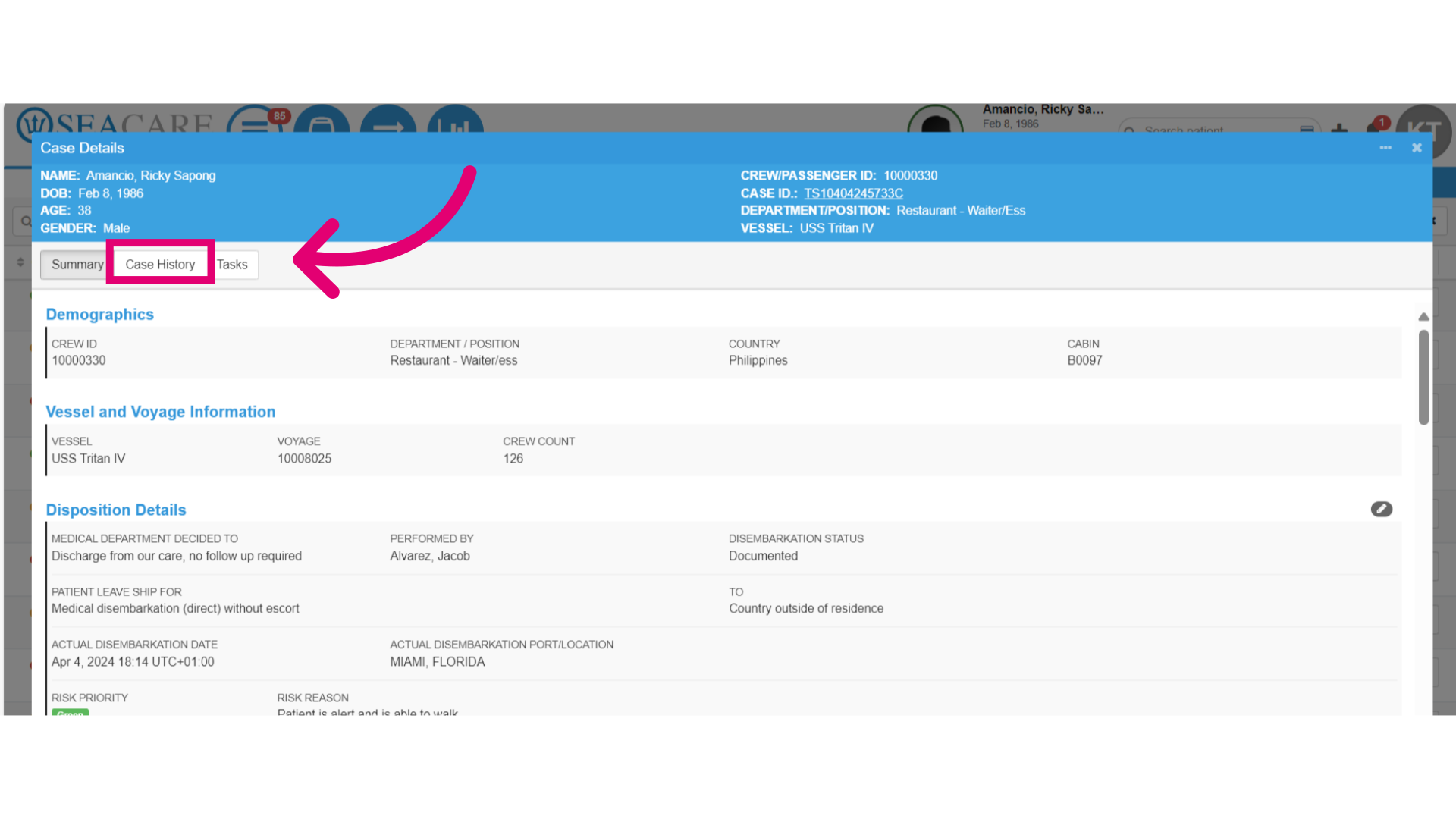 Go to the 'Case History' tab