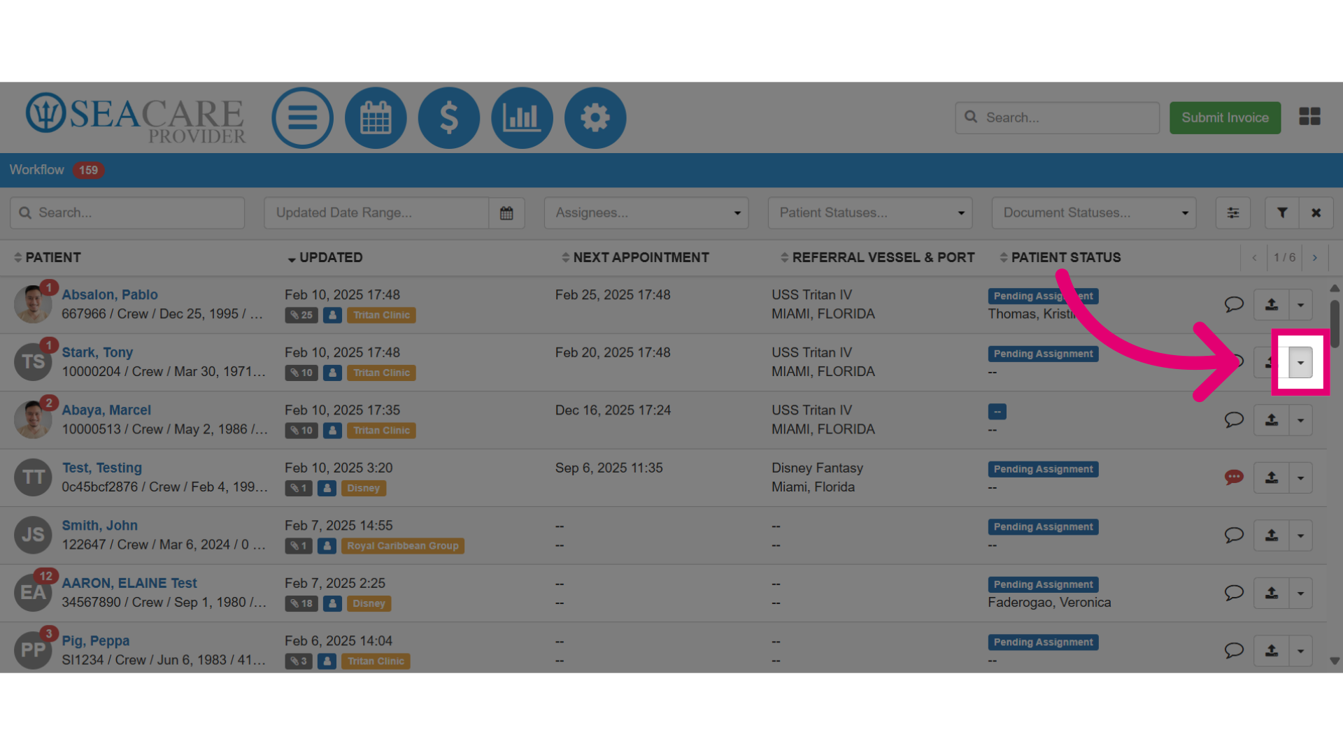 Locate the patient and select the Actions menu
