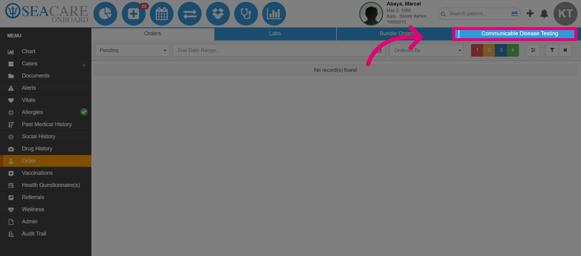 Select the 'Communicable Disease Testing' tab