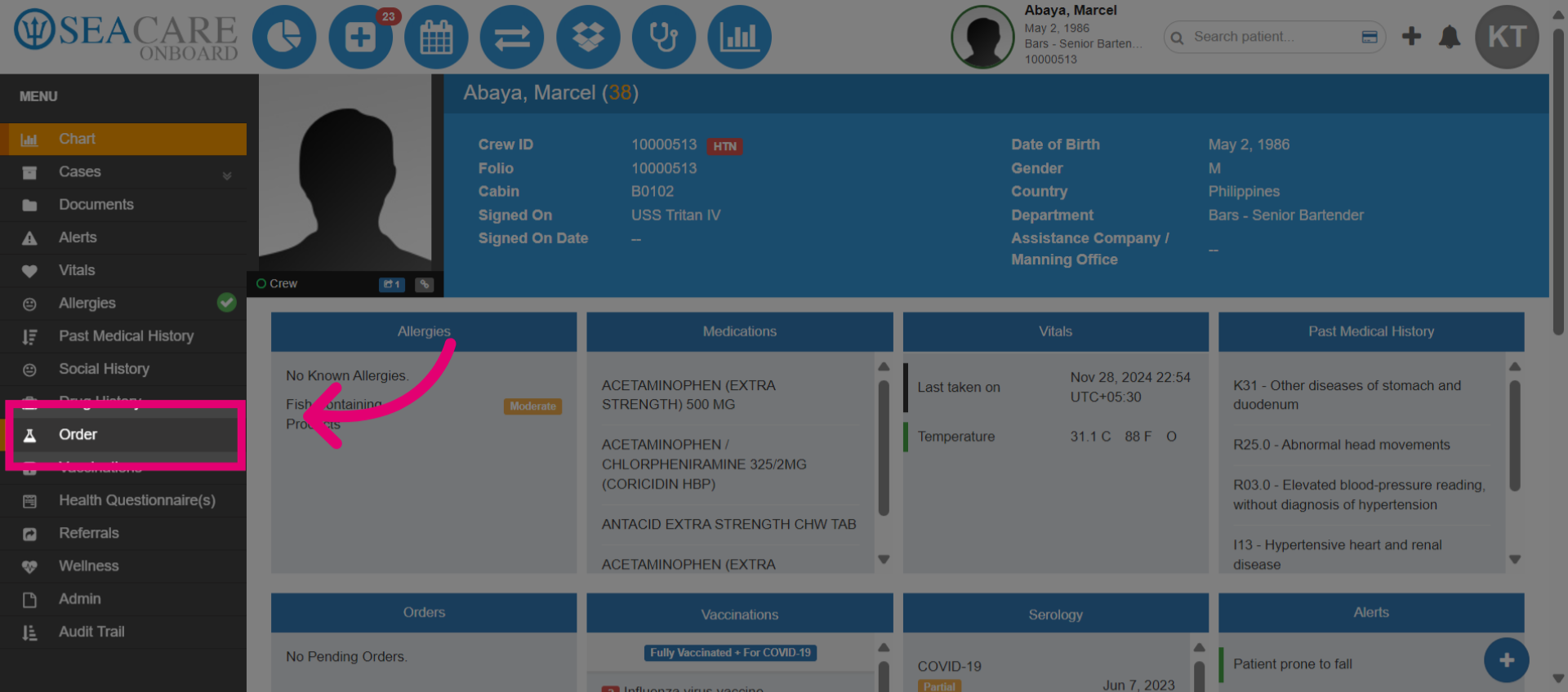 Go to the 'Order' module