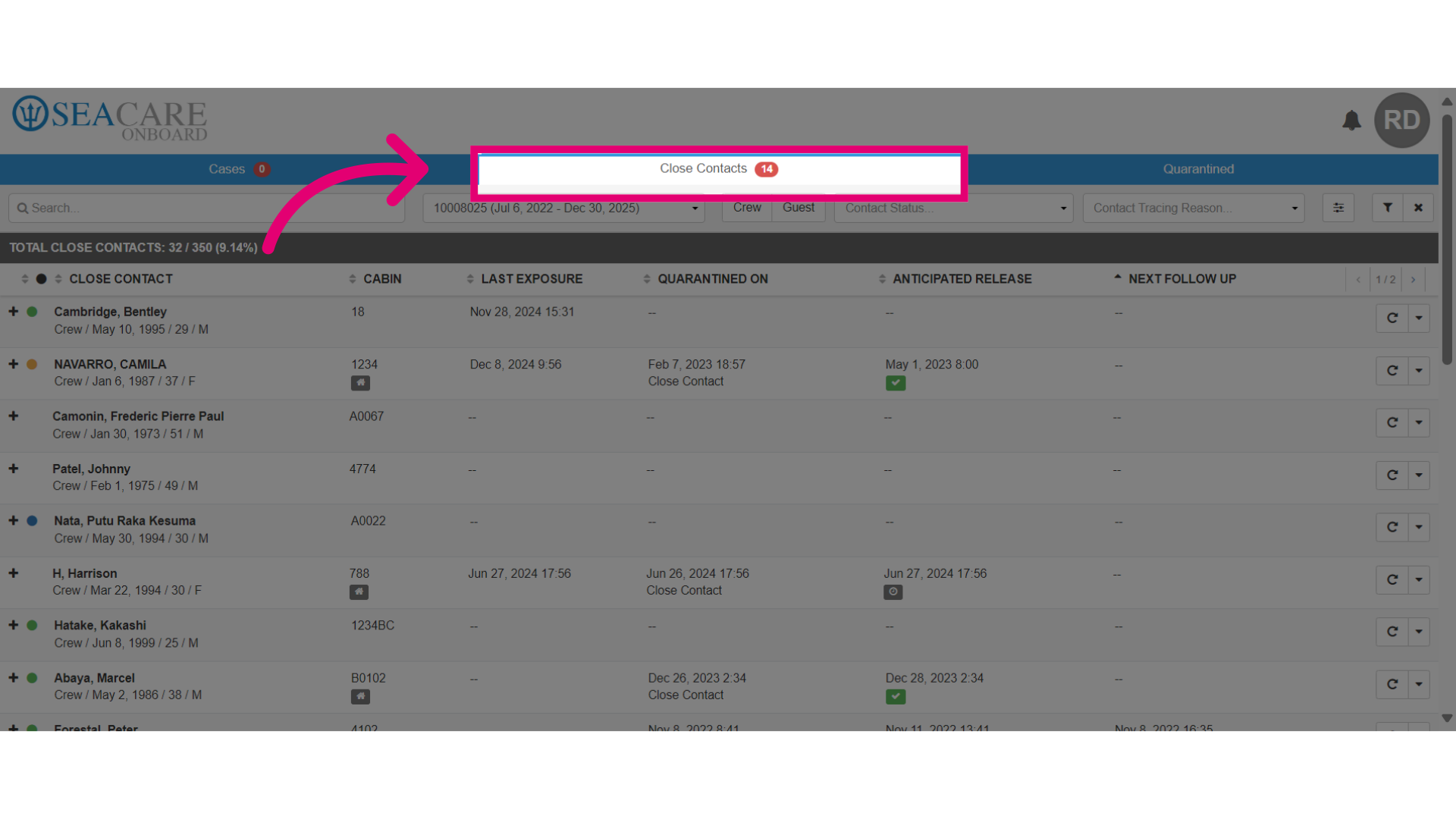 Access the 'Close Contacts View' Tab