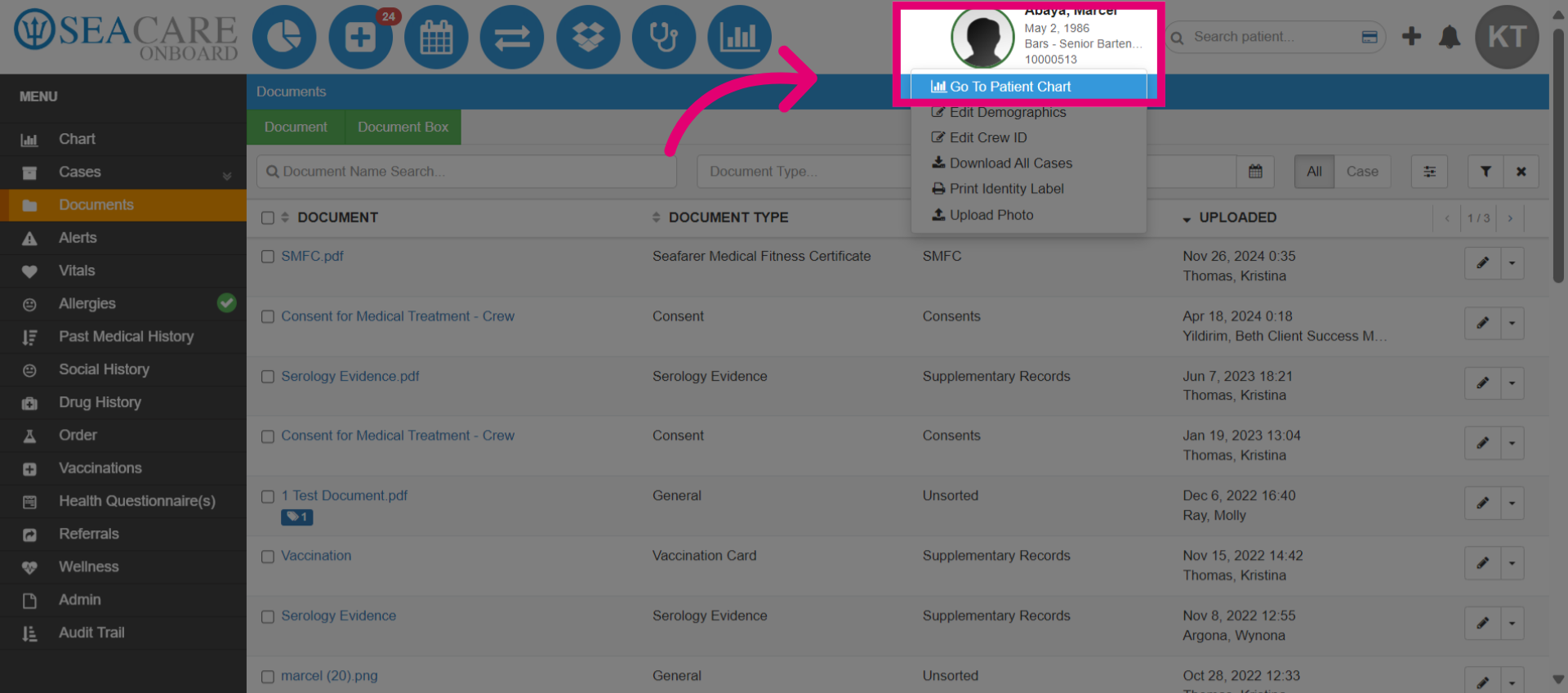 Select 'Go To Patient Chart'