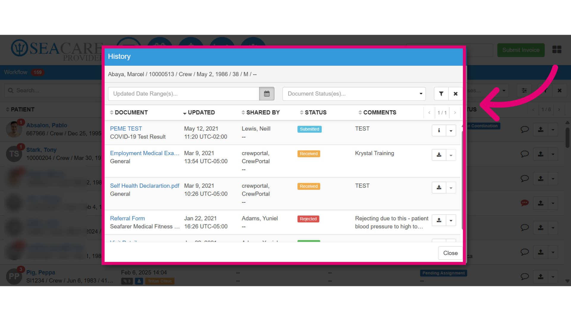 View all documents shared for the patient