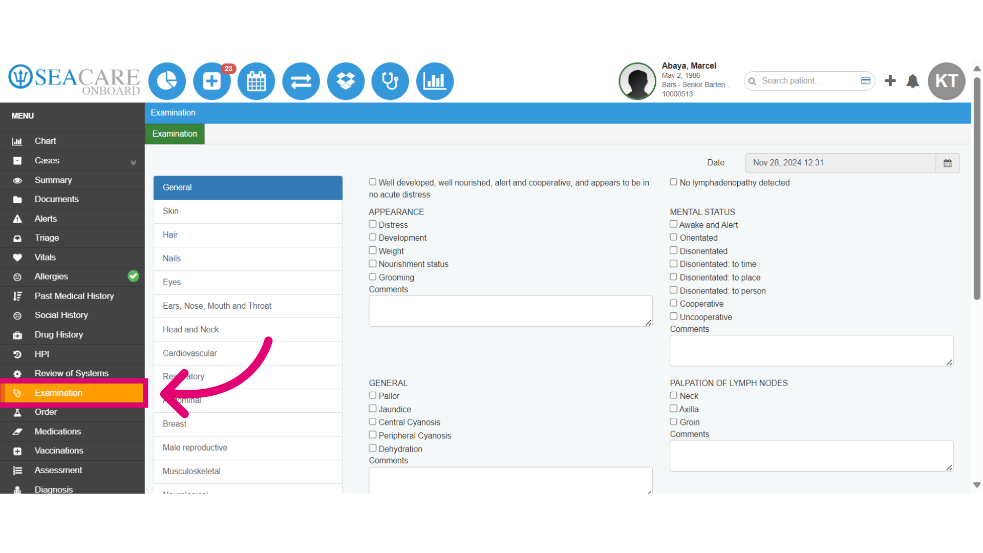 Review the 'Examination' section